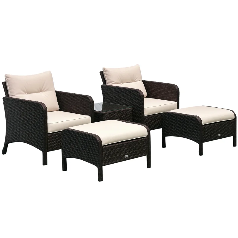 5 Pieces Rattan Wicker Lounge Chair 2 Ottomans Brown/Beige