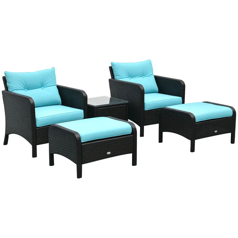 5 Pieces Rattan Wicker Lounge Chair 2 Ottomans Brown/Blue