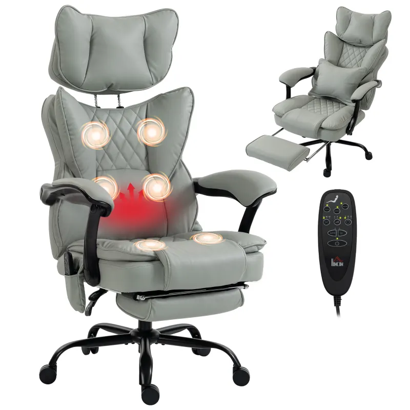 Vibration Massage Heated Office Chair w/ Footrest, Headrest, Gray