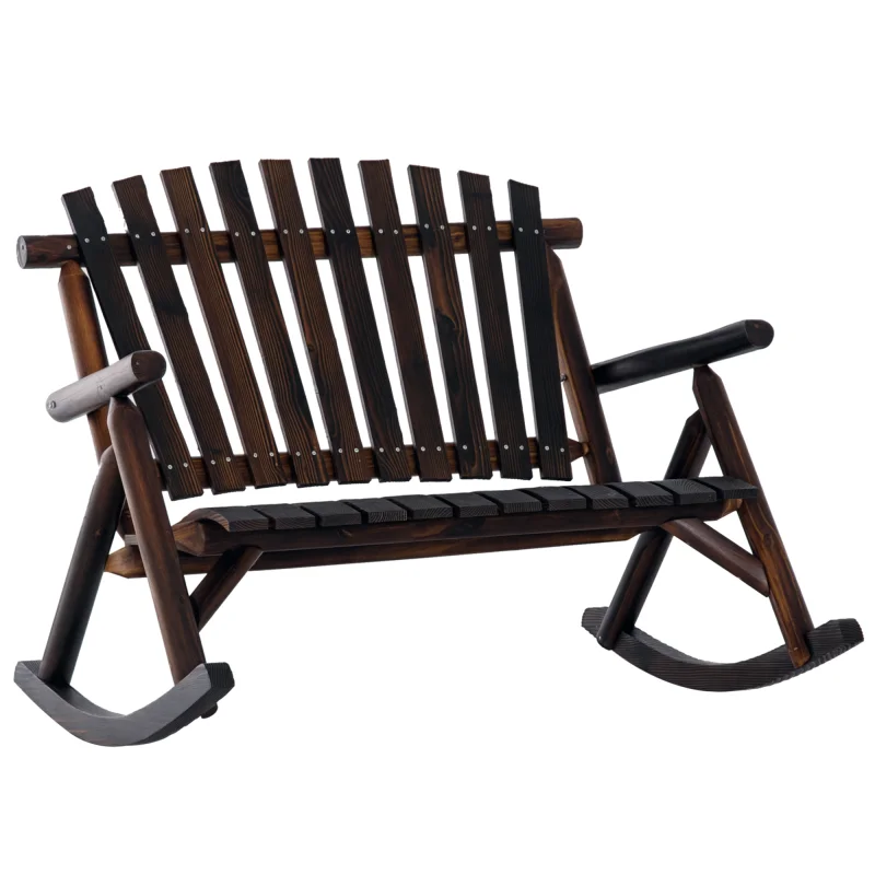 Outdoor Wooden Rocking Chair Double-Person Slatted Seat Carbonized