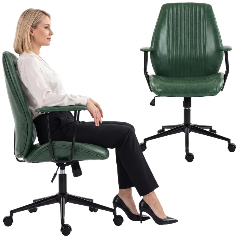 Home Office Desk Chair, PU Leather Computer Chair, Mid Back, Green