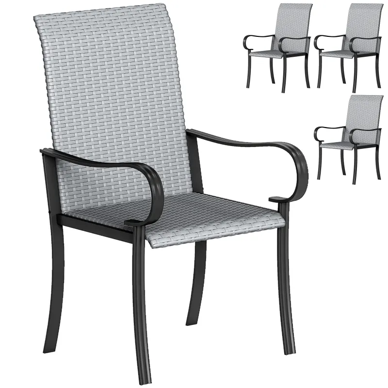 Patio Set of 4 Outdoor Wicker Dining Chairs Steel Frame Gray