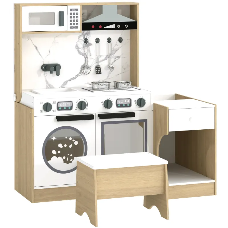 Play Kitchen Set for Kids, 2-in-1 Convertible Table and Chair Set, Kitchen Playset with Sink, Oven, Accessories for 3-8