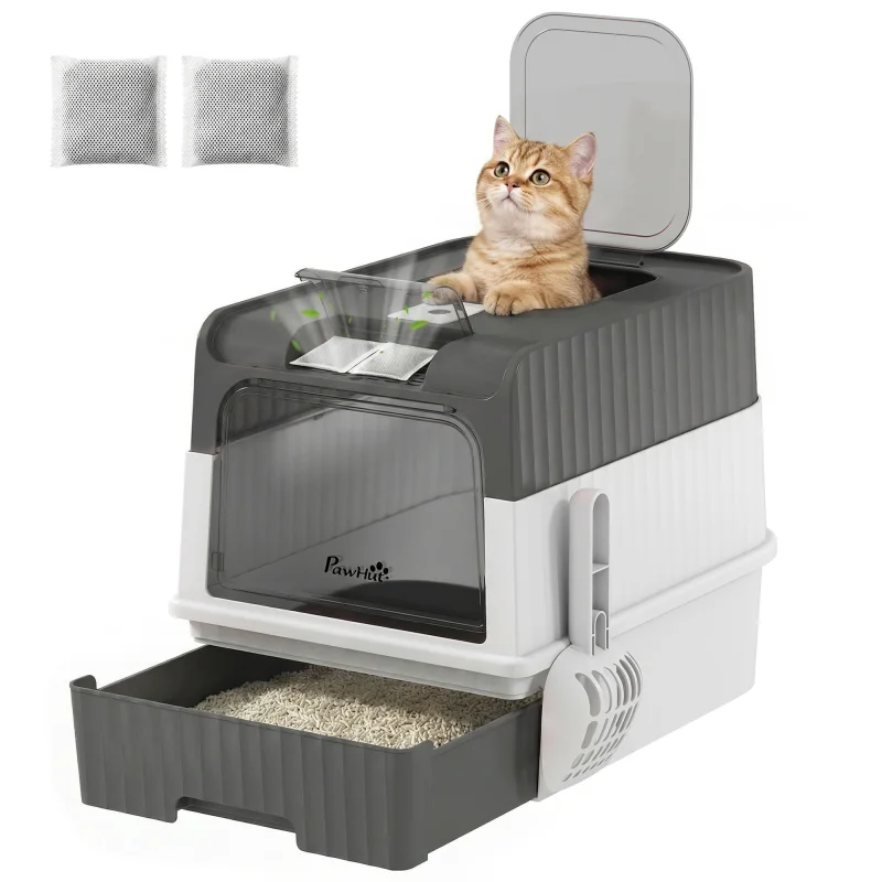 Cat Litter Box Hooded Cat Litter Tray with Drawer Pan Front Entry & Top Exit Easy Cleaning Gray