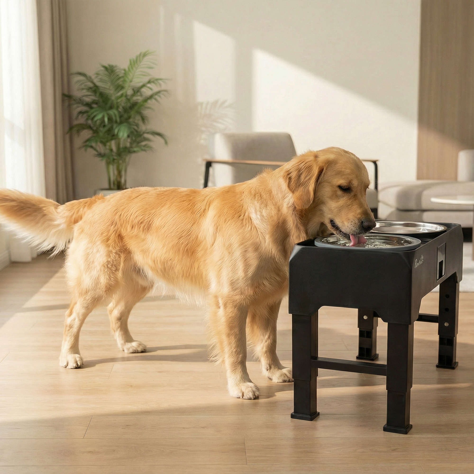 El perro usa un cuenco elevado
