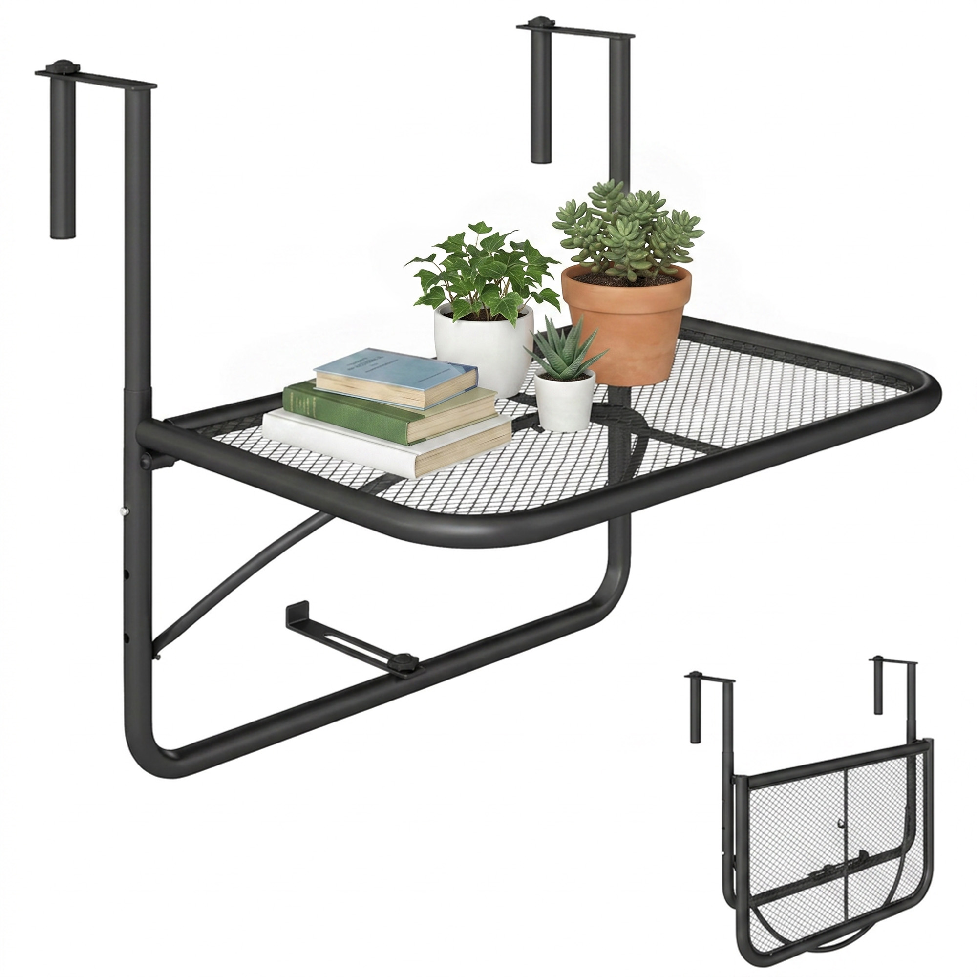 Balkonhängetisch für Balkon Klappbar Schwarz Metall Verstellbar 60x56x50cm