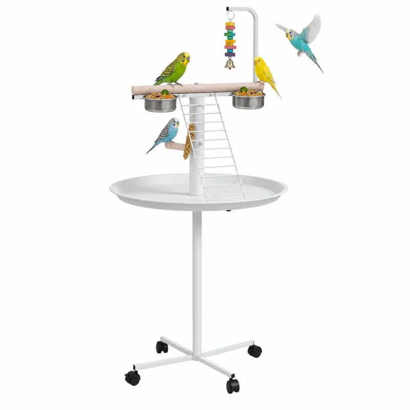 Bird Stand with Wheels, Perches, Feed Bowls, Round Tray for Parrot