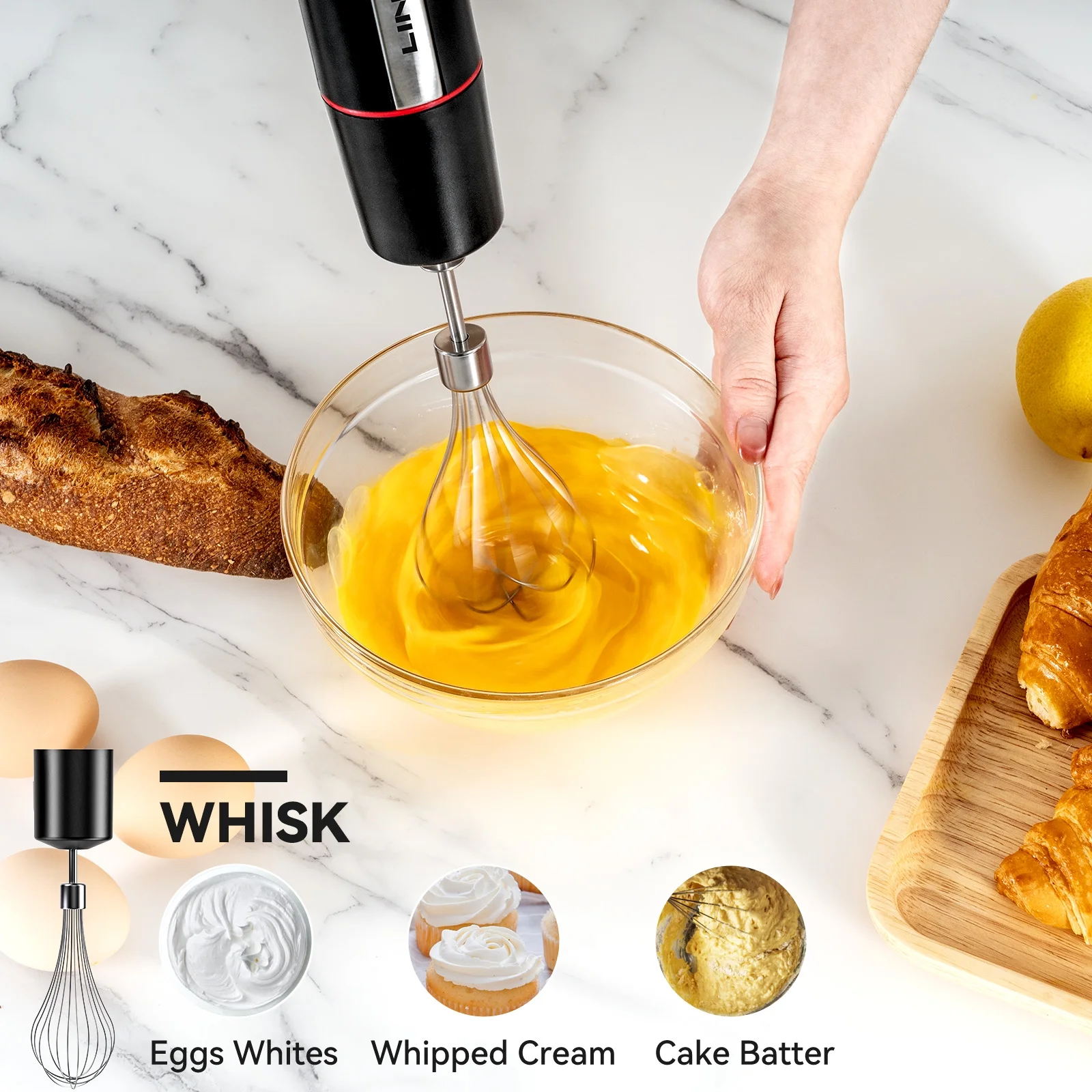 LINKChef Immersion Blender, 1000W 20-Speed 5-in-1 Immersion Hand Blender with Turbo Mode, Scratch-Resistant Stick Blender for Baby Food Processor & Chopper(Powerful Blending: Features a 1000W all-copp