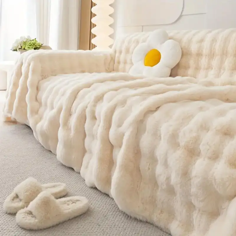 Faux Fur Couch Sofa Cover 1 Count Thick Shaggy Fuzzy Sectional Couch Cover Non-Slip Solid Color Plush Sofa Protector