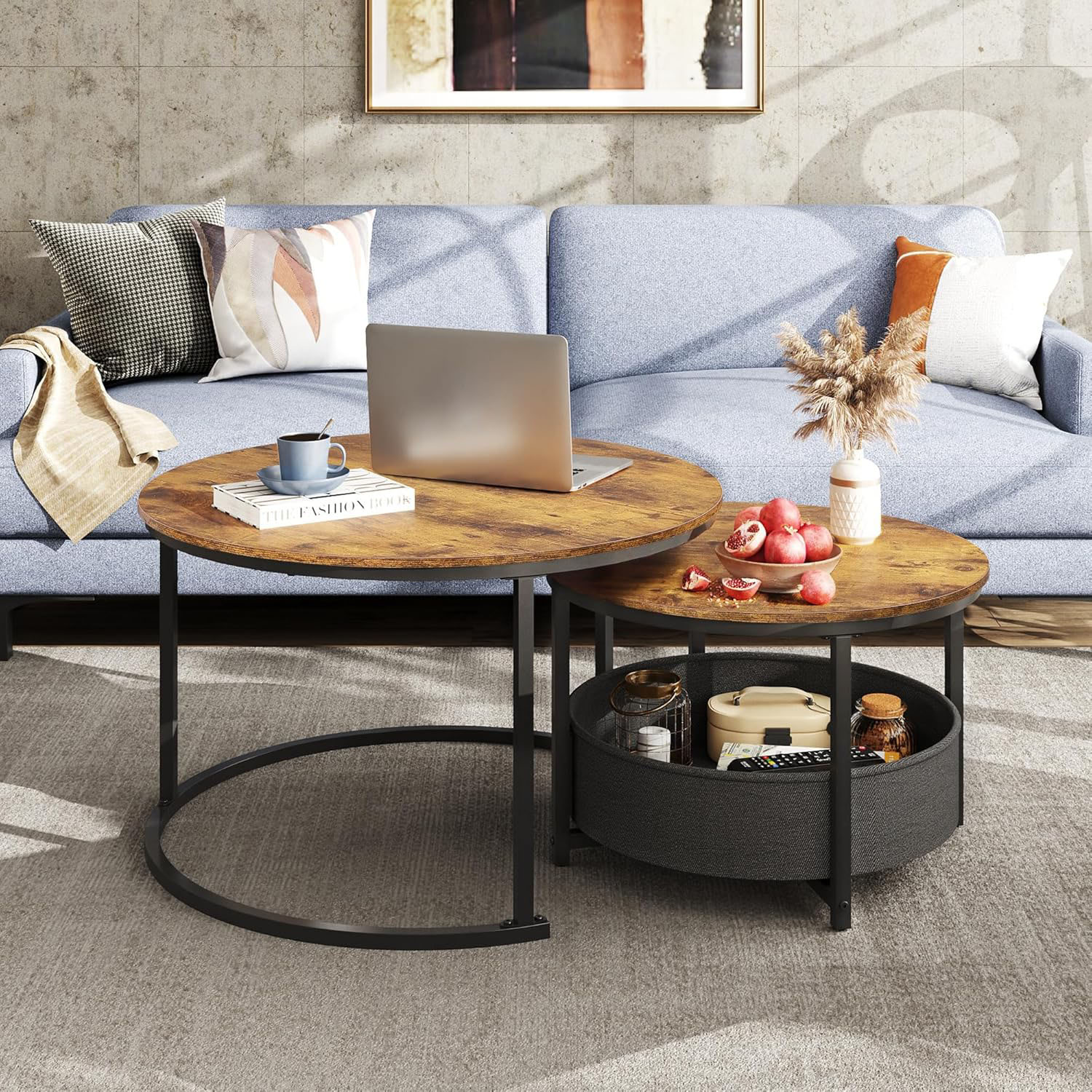 Lot de 2 tables basses rondes brun rustique vue générale
