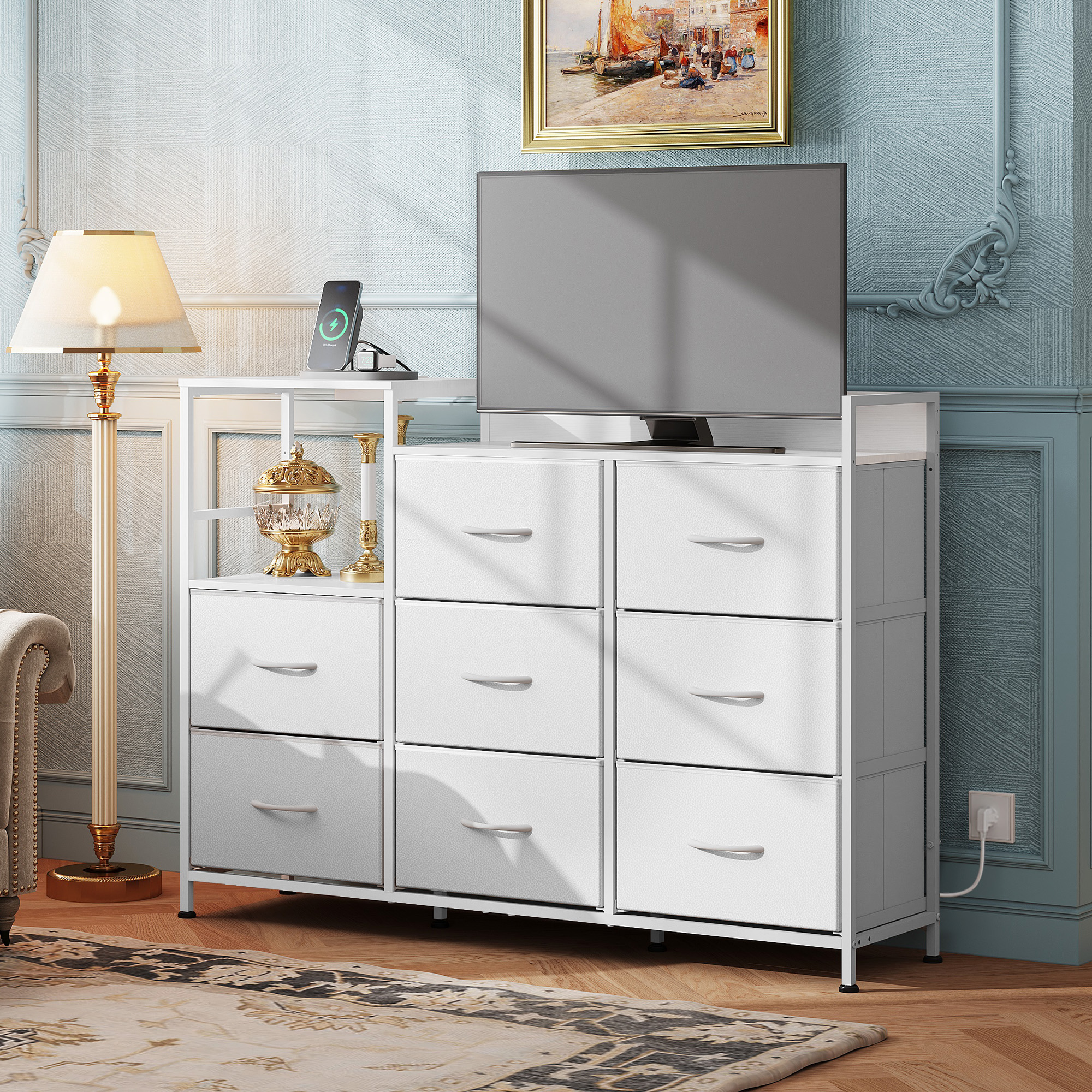 Commode 8 tiroirs blanche vue générale