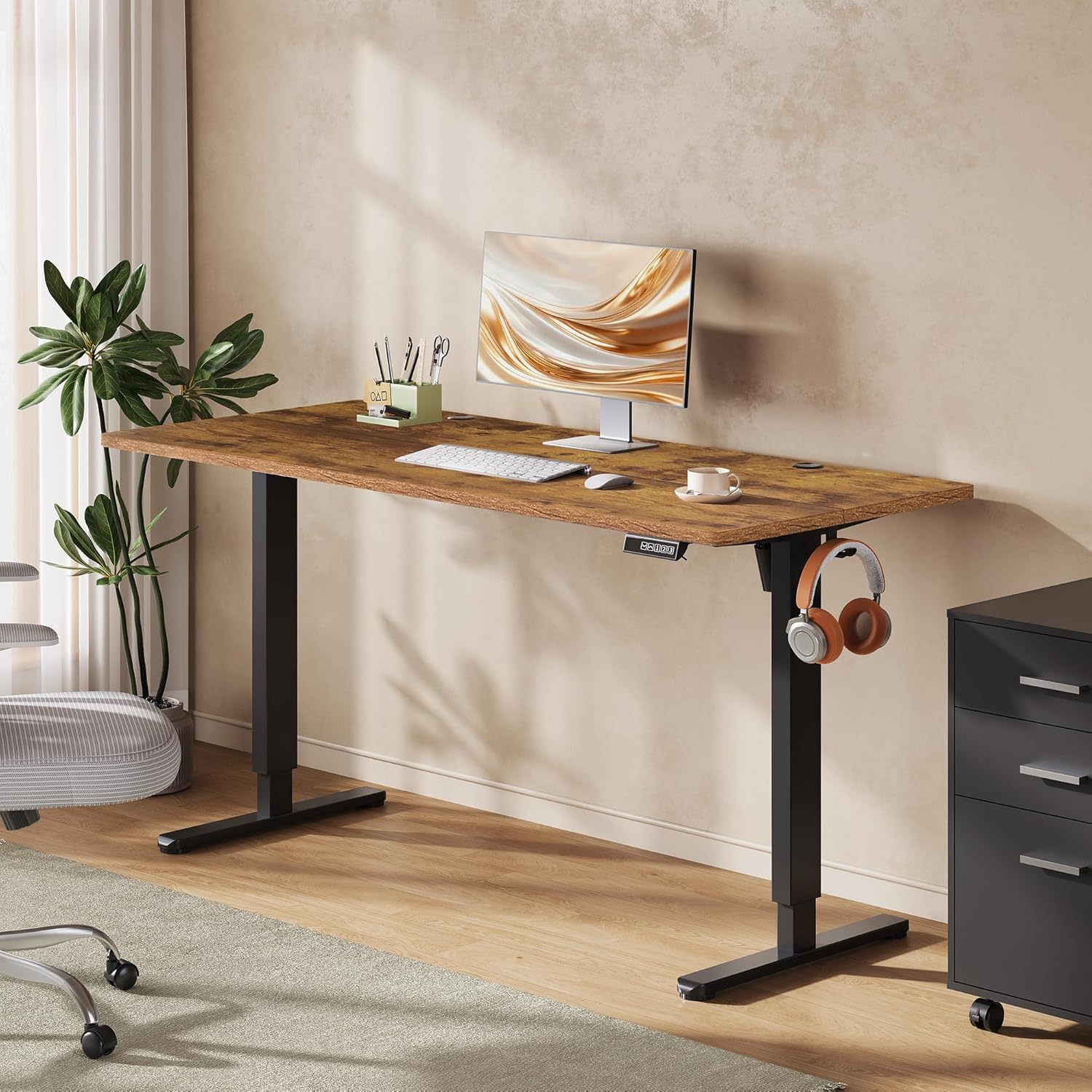 Bureau assis-debout électrique 160x70 cm marron vue générale