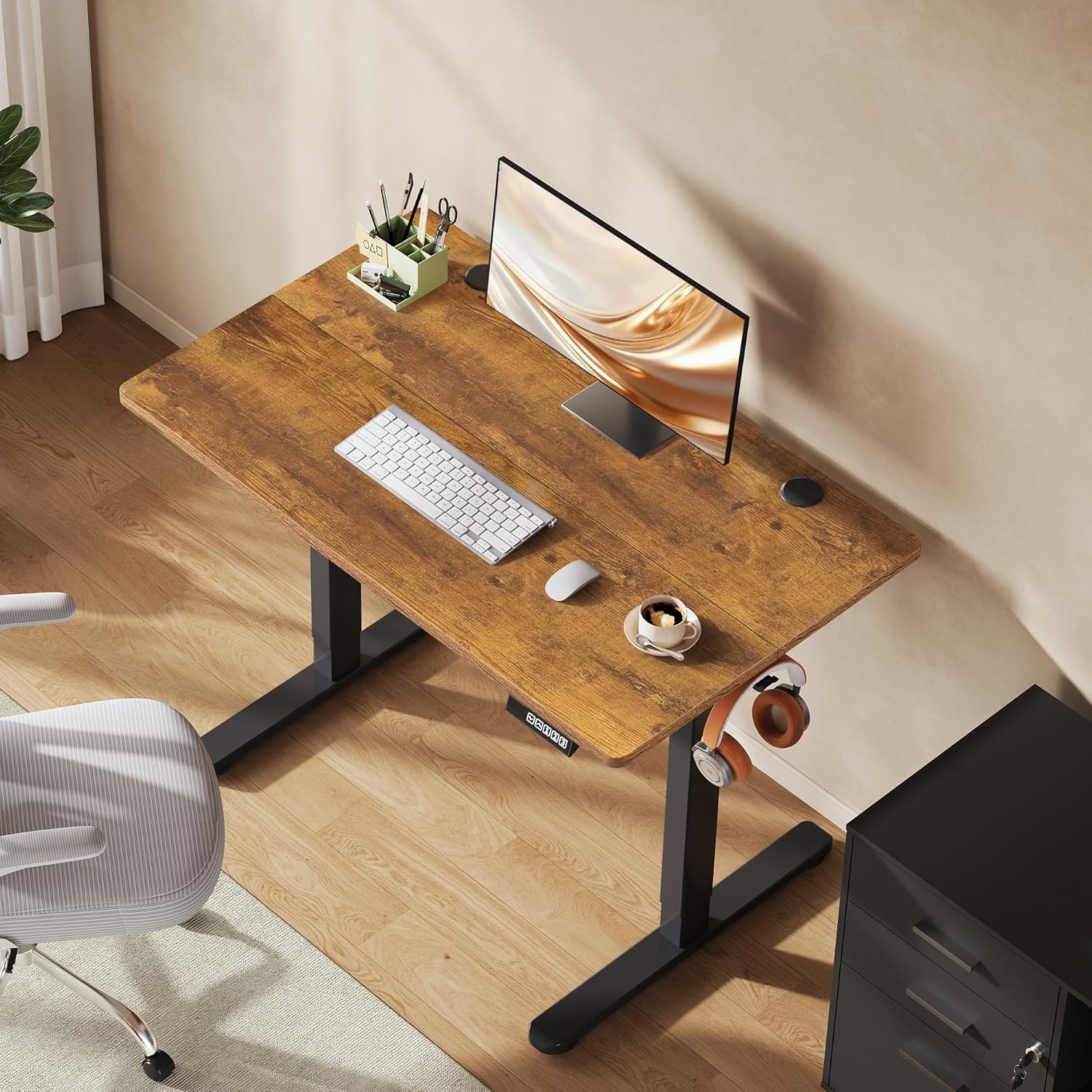 Bureau assis-debout électrique 100x60 cm marron vue générale