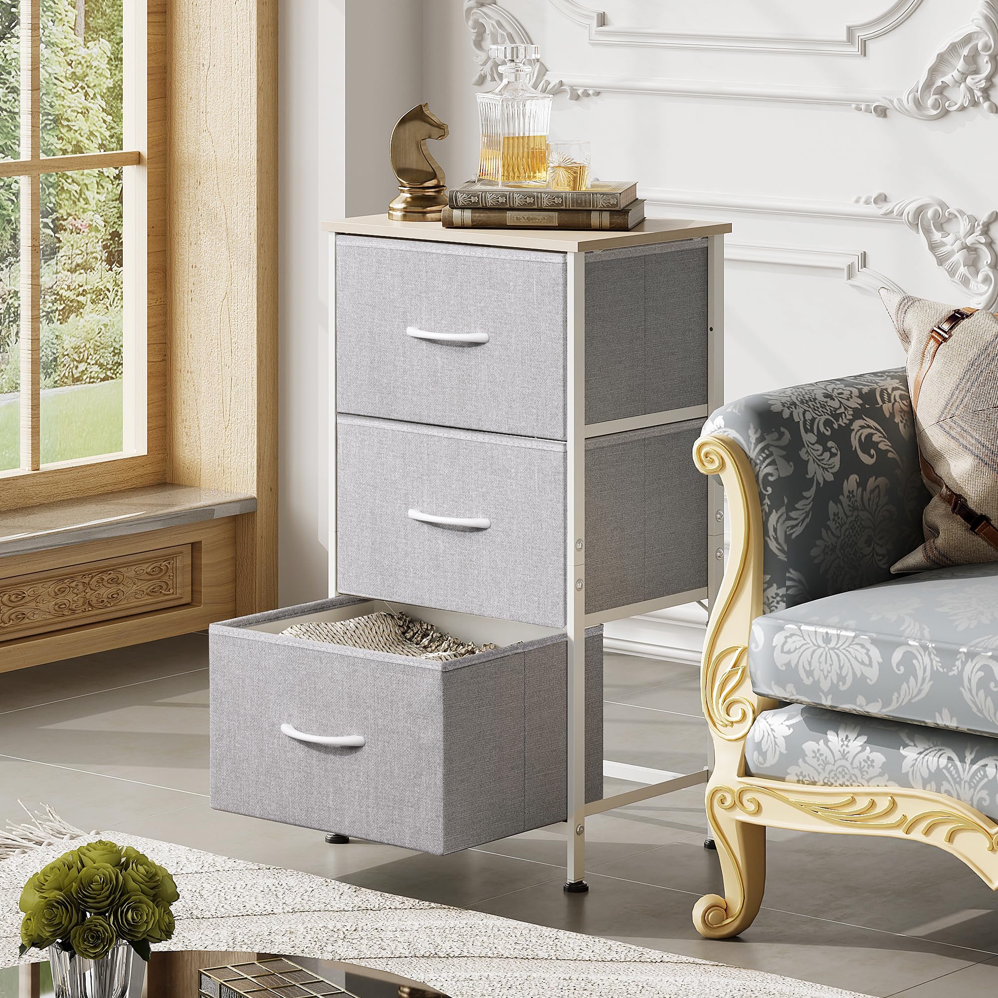Meuble de rangement 3 tiroirs avec plateau bois - détail