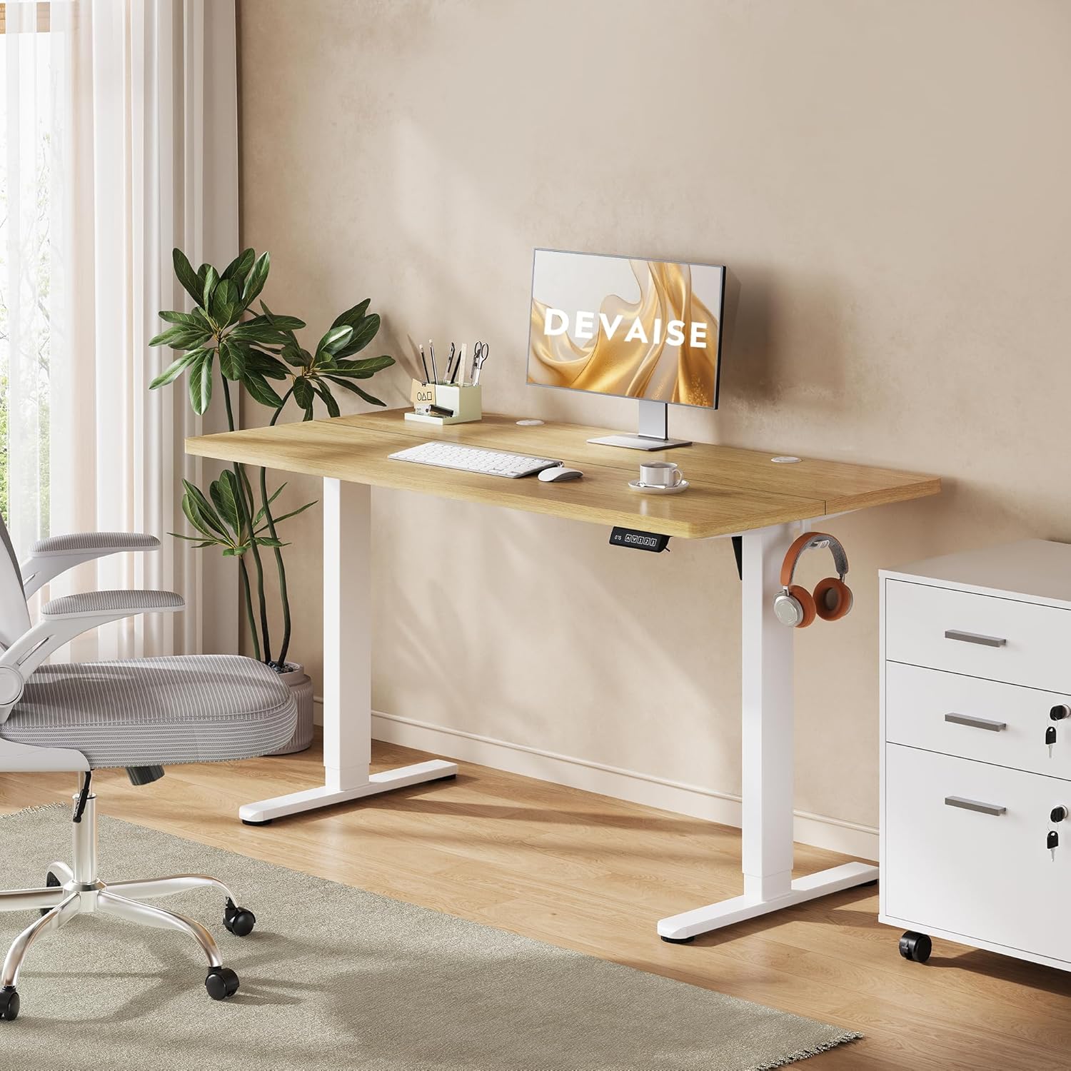 Bureau assis-debout électrique 160x70 cm chêne vue générale