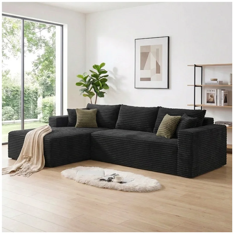 108" Modular Sectional Sofa Boneless Couches for Living Room, L-Shaped Cloud Couch with Oversized Chaise, Corduroy Upholstered with Deep Seat Couch, No Assembly for Apartment Bedroom, Black