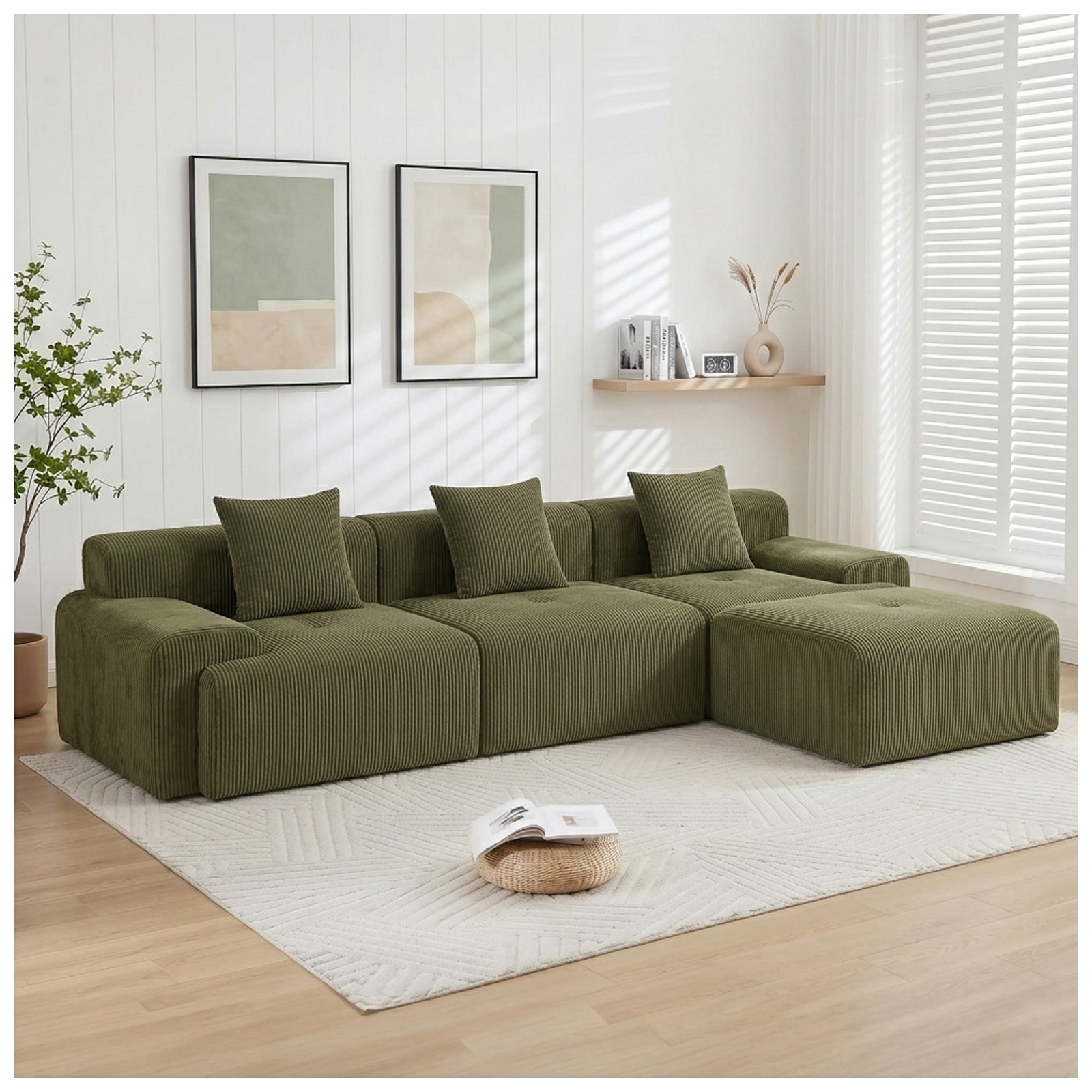 118" Modular Sectional Cloud Couch with Movable Ottoman, No Assembly Compressed Sofa, Deep Seat Corduroy Convertible L Shaped Couch, Boneless Couches for Living Room Apartment