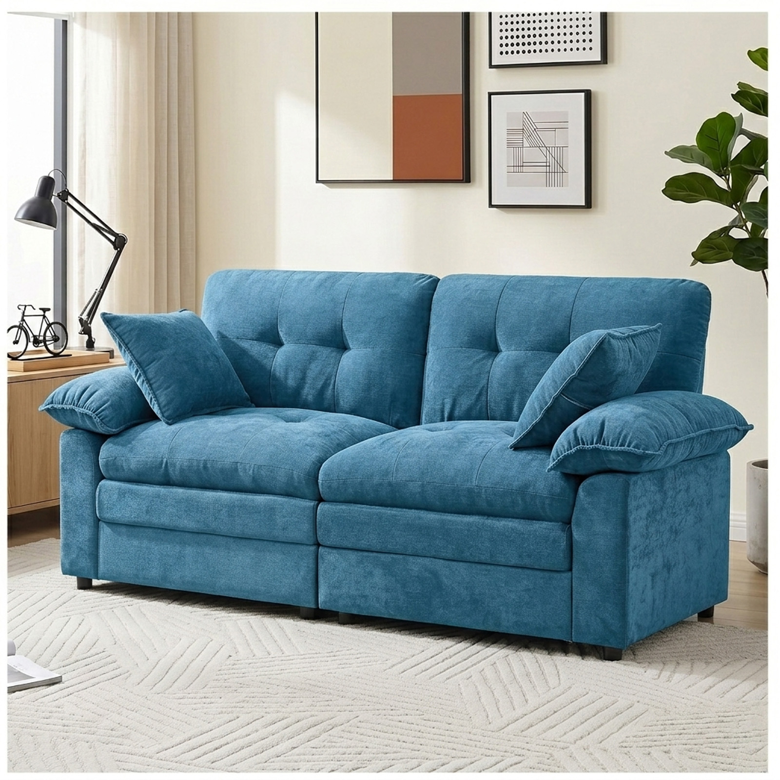 84" Modular Loveseat Sofa, Deep Seat Cloud Couch for Living Room, Comfy Chenille 2 Seater Sectional Sofa with Throw Pillows, Modern Upholstered Couch for Apartment Bedroom Office, Blue