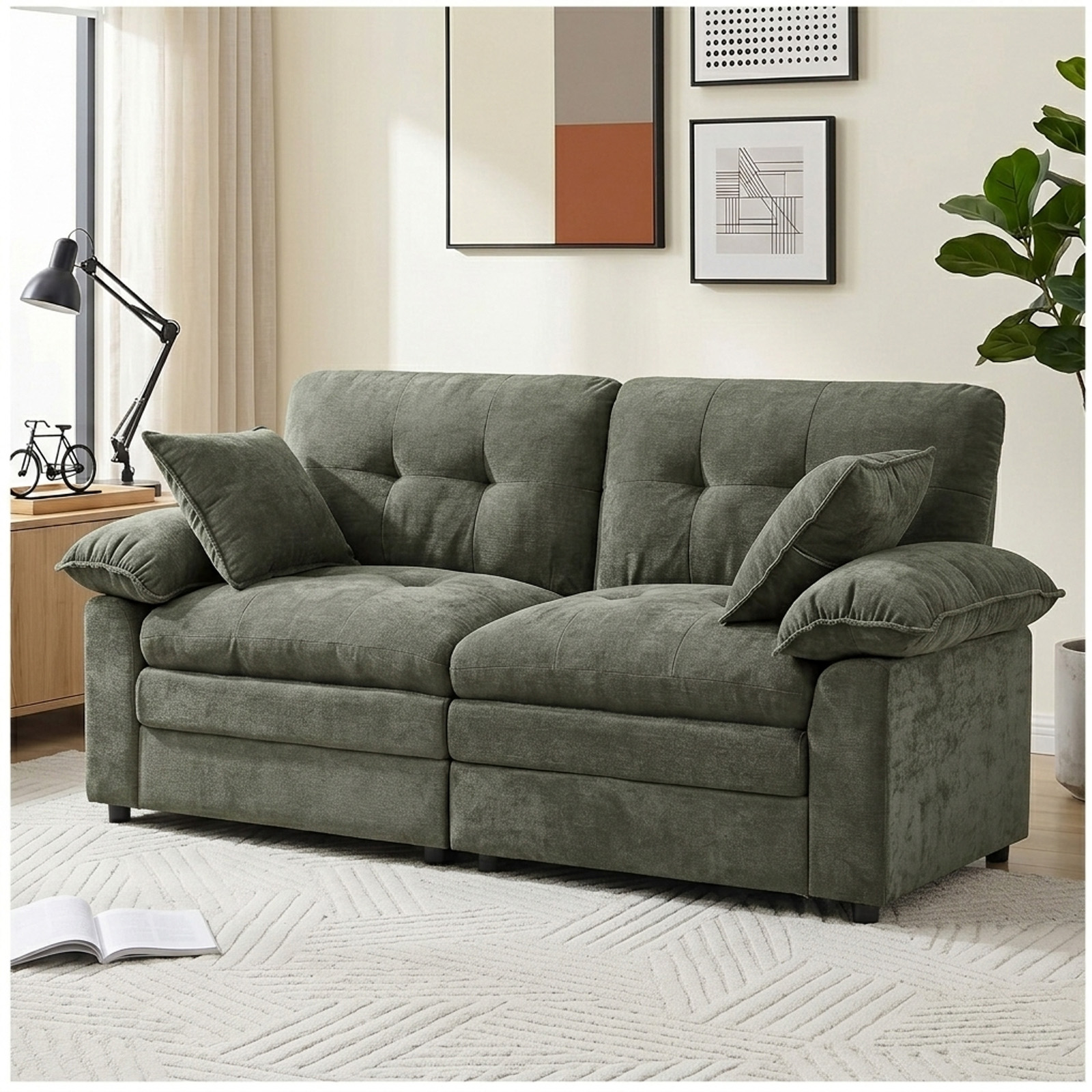 84" Modular Loveseat Sofa, Deep Seat Cloud Couch for Living Room, Comfy Chenille 2 Seater Sectional Sofa with Throw Pillows, Modern Upholstered Couch for Apartment Bedroom Office, Green