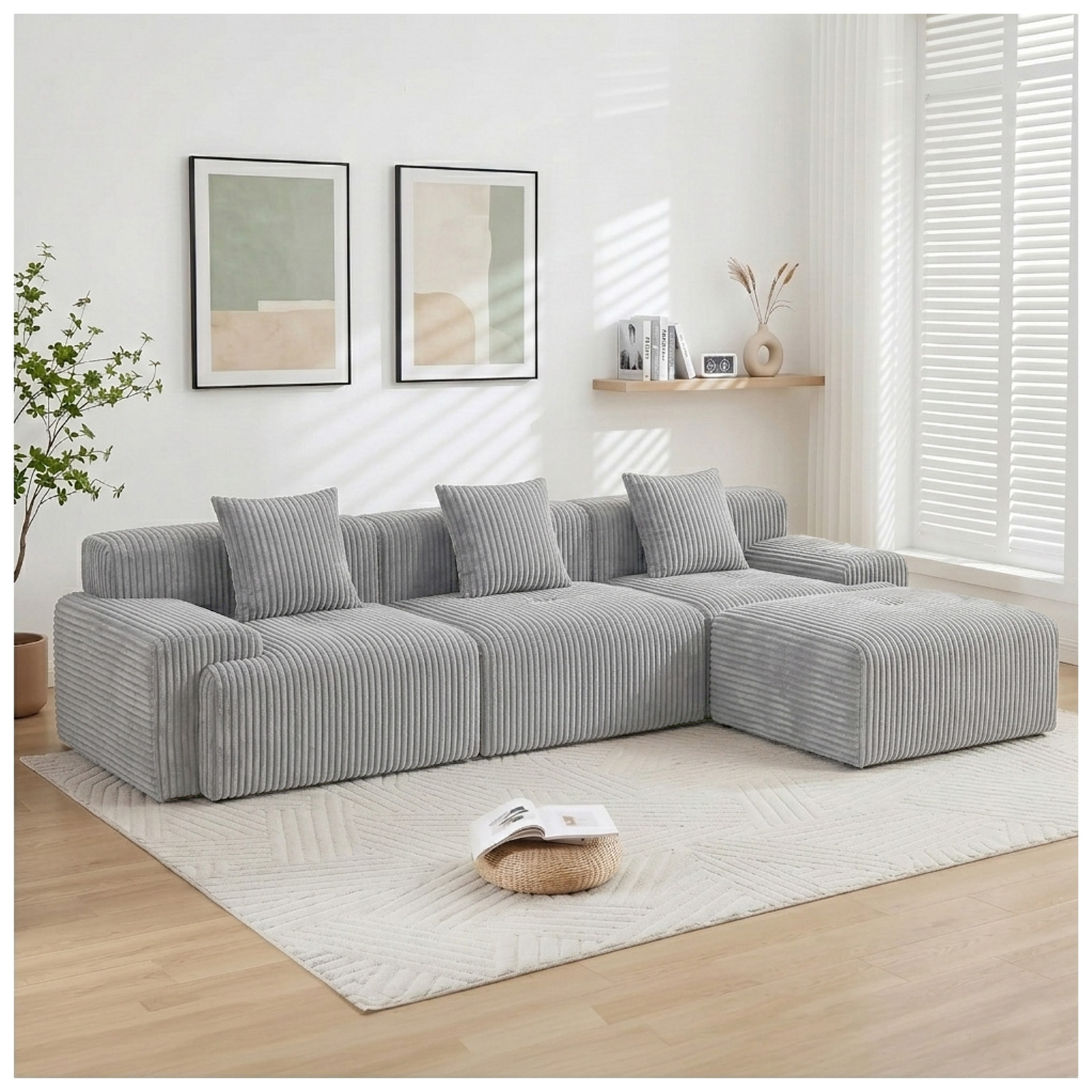 118" Modular Sectional Cloud Couch with Movable Ottoman, No Assembly Compressed Sofa, Deep Seat Corduroy Convertible L Shaped Couch, Boneless Couches for Living Room Apartment