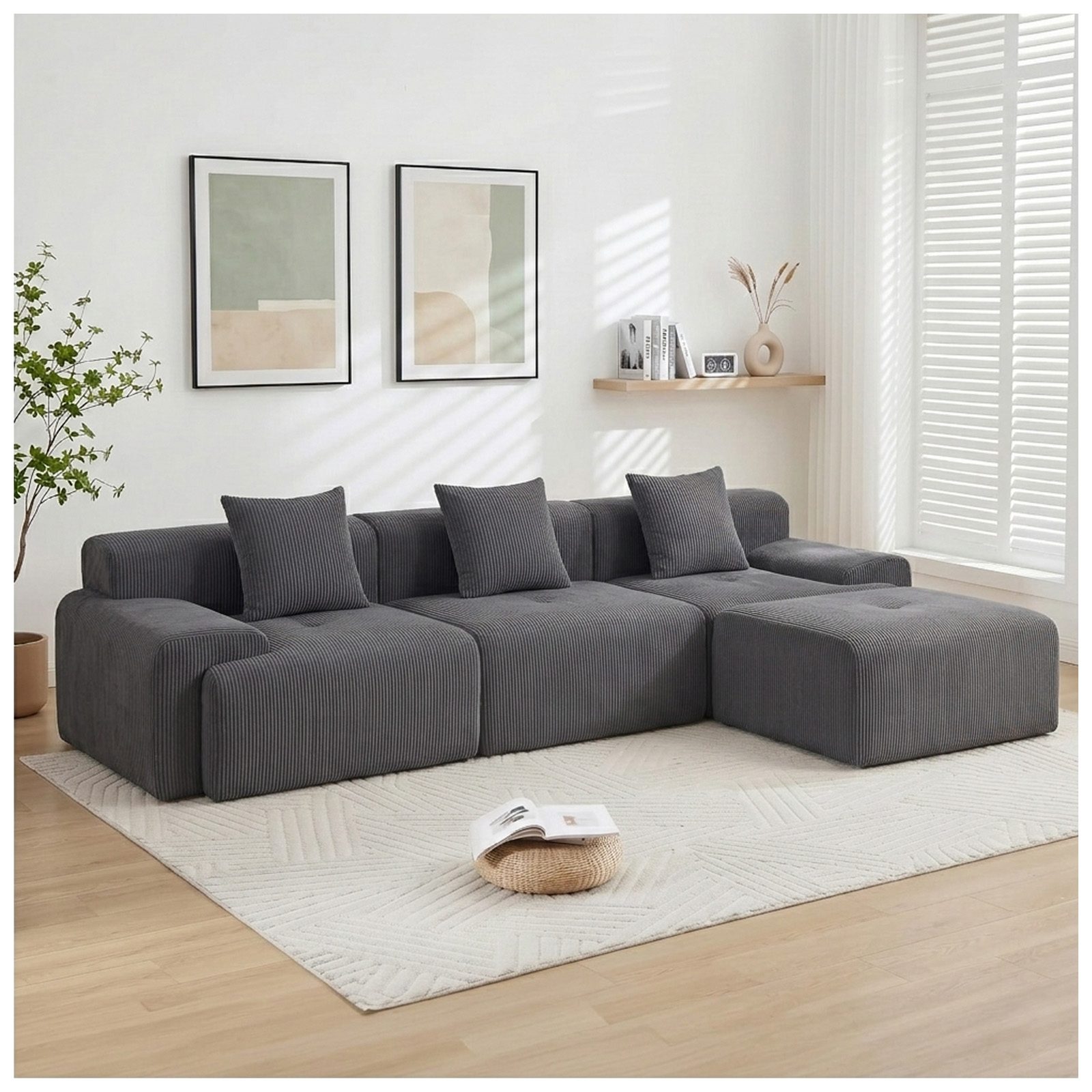 118" Modular Sectional Cloud Couch with Movable Ottoman, No Assembly Compressed Sofa, Deep Seat Corduroy Convertible L Shaped Couch, Boneless Couches for Living Room Apartment