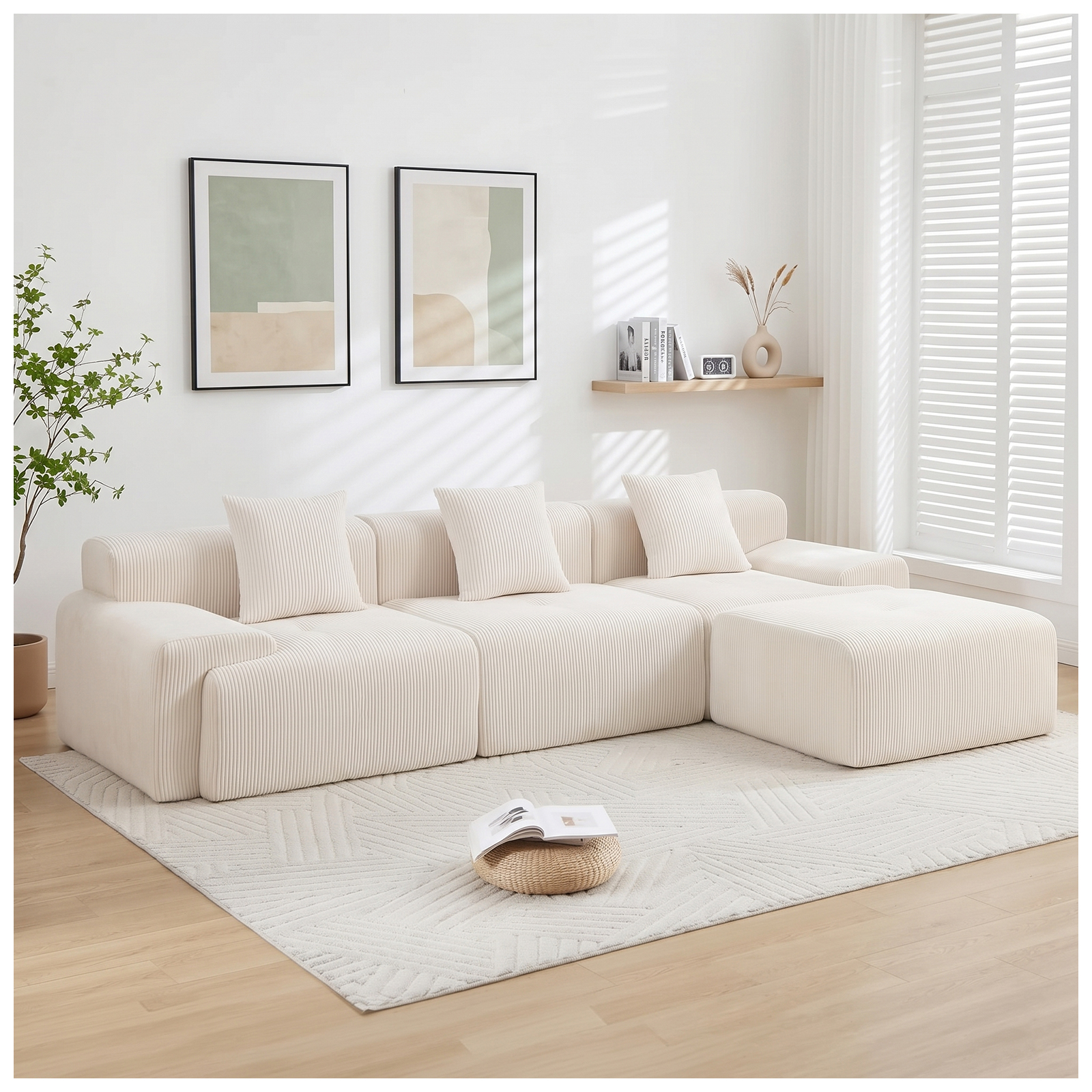 118" Modular Sectional Cloud Couch with Movable Ottoman, No Assembly Compressed Sofa, Deep Seat Corduroy Convertible L Shaped Couch, Boneless Couches for Living Room Apartment, Beige