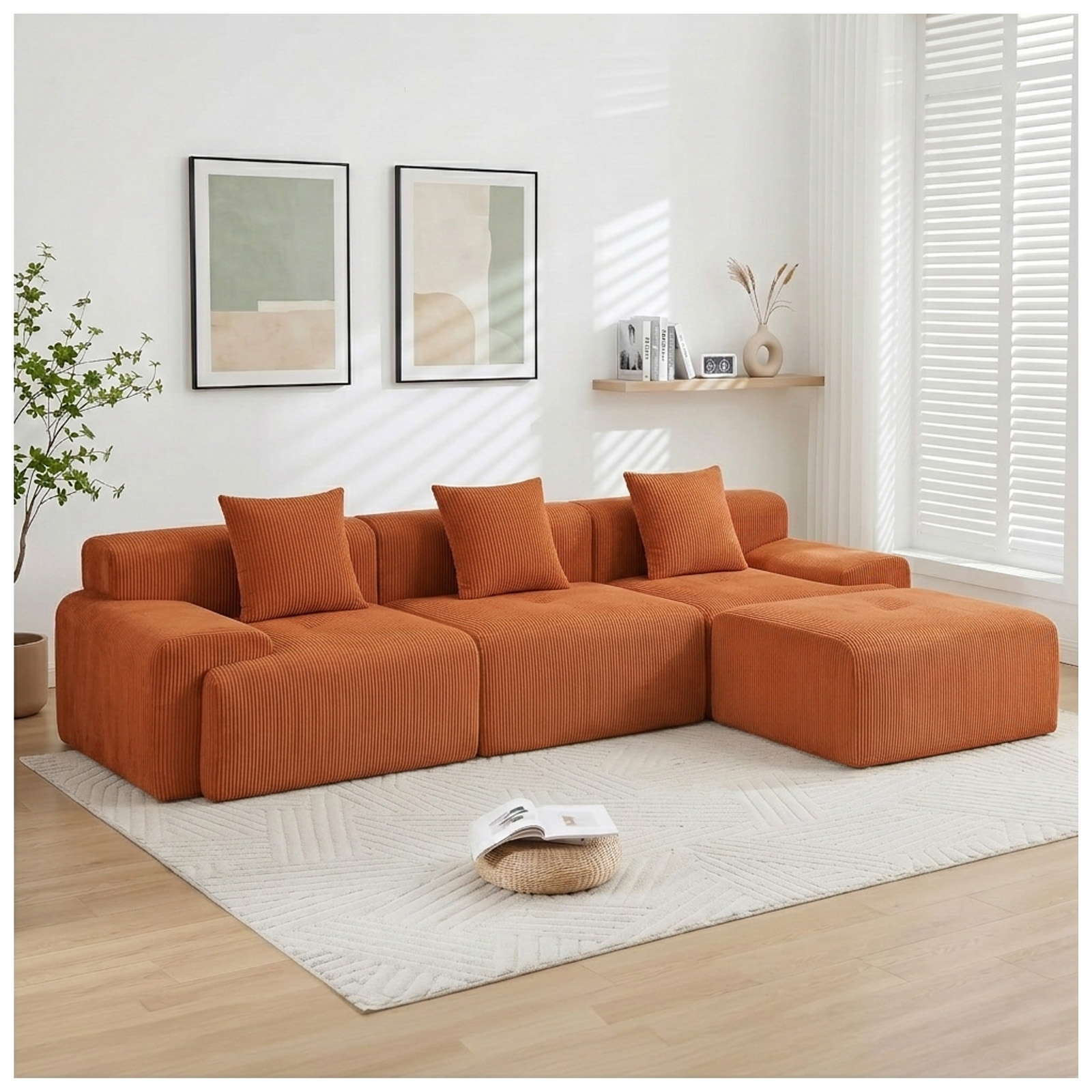118" Modular Sectional Cloud Couch with Movable Ottoman, No Assembly Compressed Sofa, Deep Seat Corduroy Convertible L Shaped Couch, Boneless Couches for Living Room Apartment