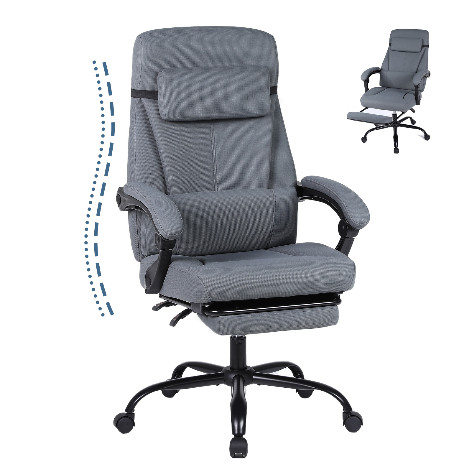 Ergonomic Big and Tall Office Chair with Footrest, Reclining Fabric Desk Chair, High Back Computer Chair for Home Office, Comfortable Executive Chair with Adjustable Angle (Grey)