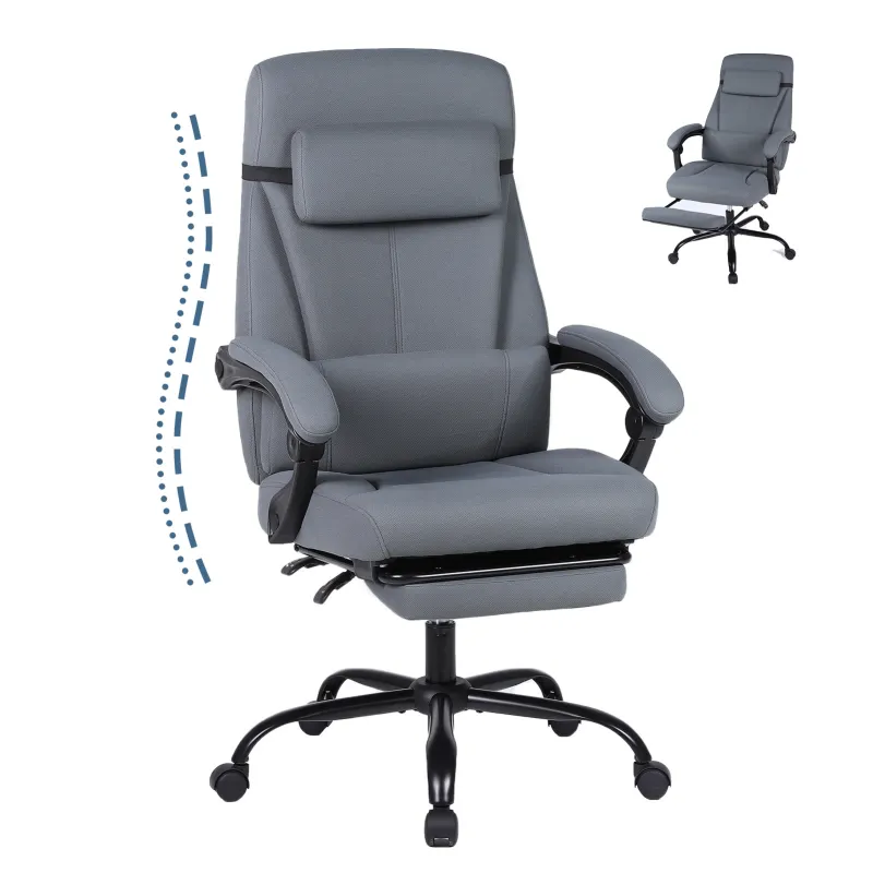 Ergonomic Big and Tall Office Chair with Footrest, Reclining Fabric Desk Chair, High Back Computer Chair for Home Office, Comfortable Executive Chair with Adjustable Angle (Grey)