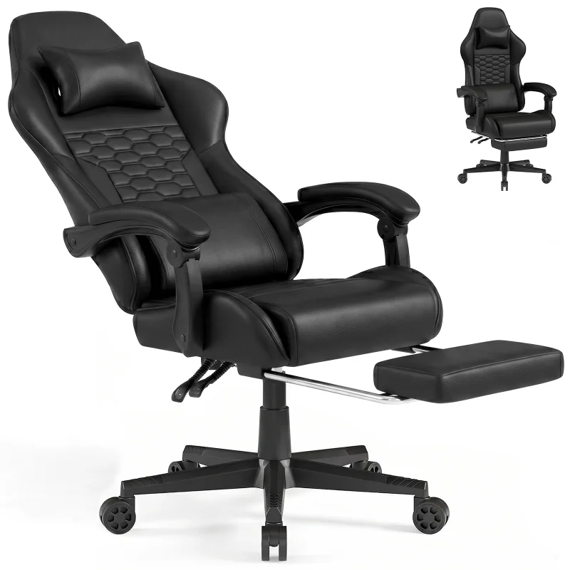 Gaming Chair with Footrest, Ergonomic High Back Reclining Computer Chair with Lumbar Support & Headrest, PU Leather Big and Tall Office Desk Chair, 360° Swivel Adjustable, 350 lbs Capacity (White)
