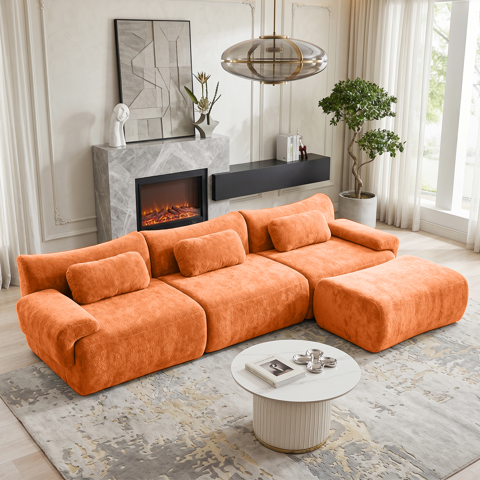 126in Sectional Boneless Couch, L Shaped Convertible Modular Sofa, 4-Seater Oversized Couches with 3 Throw Pillows for Living Room, Apartment, No Assembly (Orange)