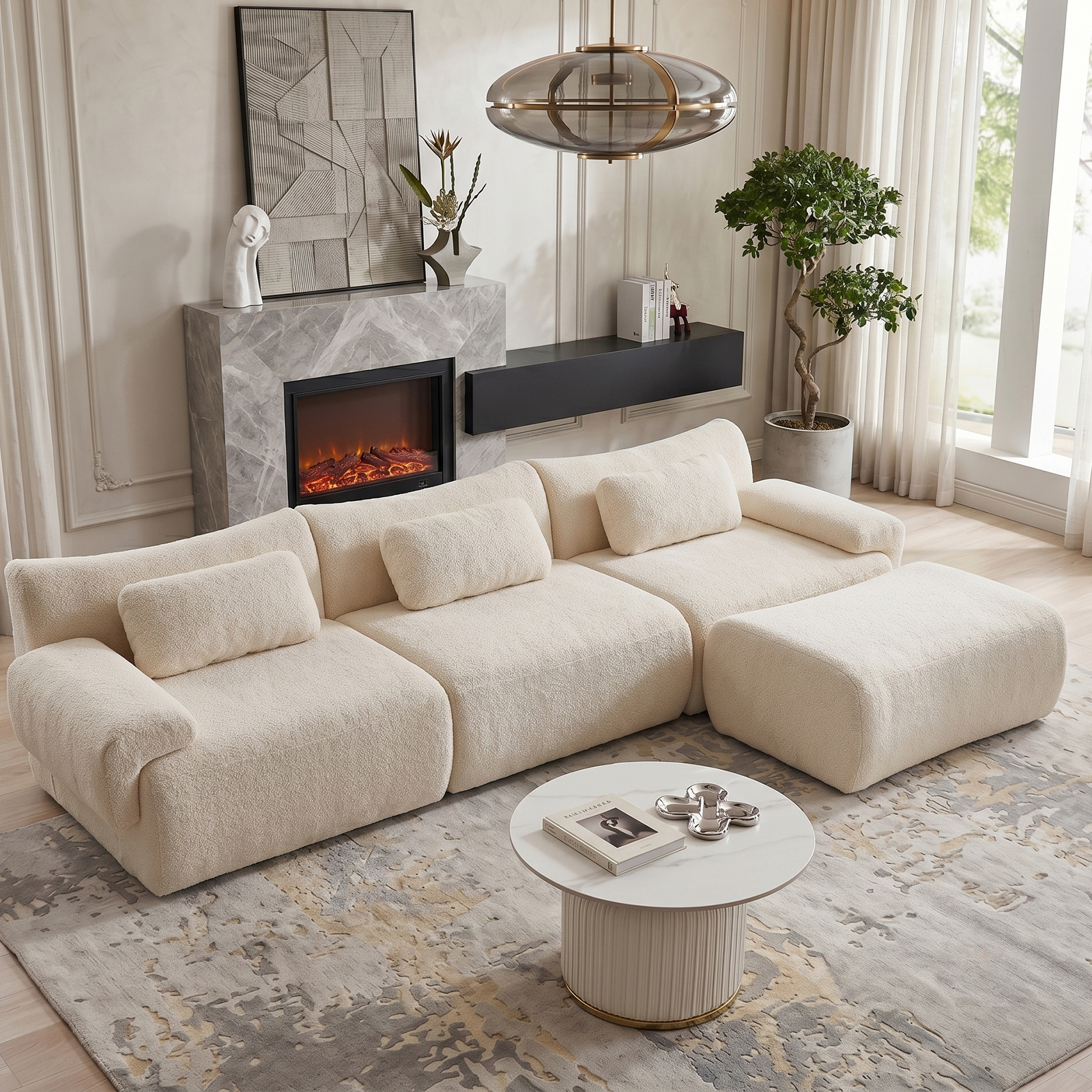 126in Sectional Boneless Couch, L Shaped Convertible Modular Sofa, 4-Seater Oversized Couches with 3 Throw Pillows for Living Room, Apartment, No Assembly (Beige)