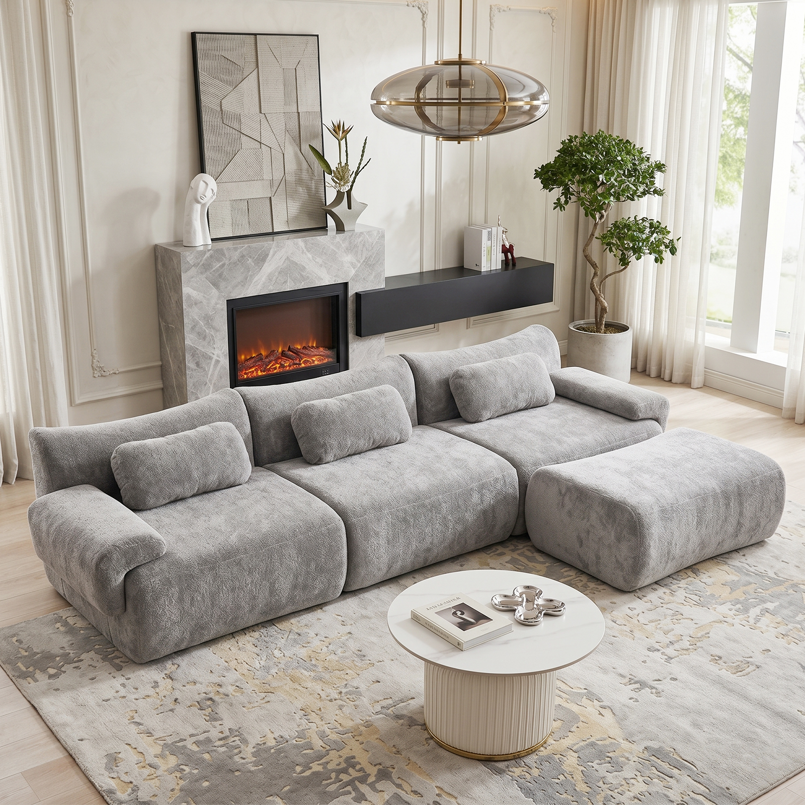 126in Sectional Boneless Couch, L Shaped Convertible Modular Sofa, 4-Seater Oversized Couches with 3 Throw Pillows for Living Room, Apartment, No Assembly (Gray)