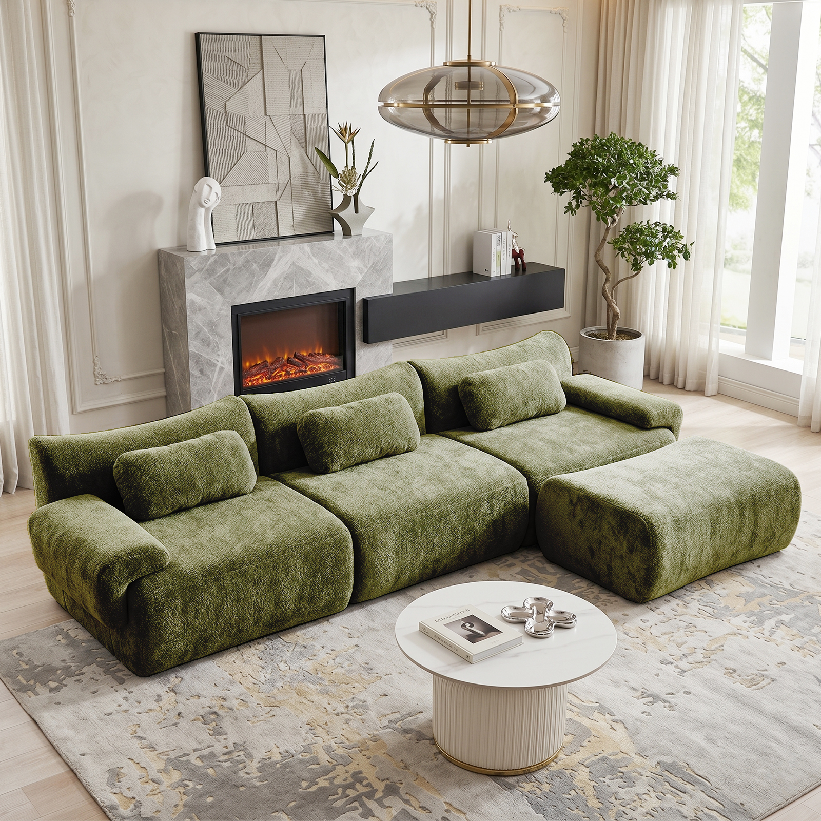 126in Sectional Boneless Couch, L Shaped Convertible Modular Sofa, 4-Seater Oversized Couches with 3 Throw Pillows for Living Room, Apartment, No Assembly (Green)