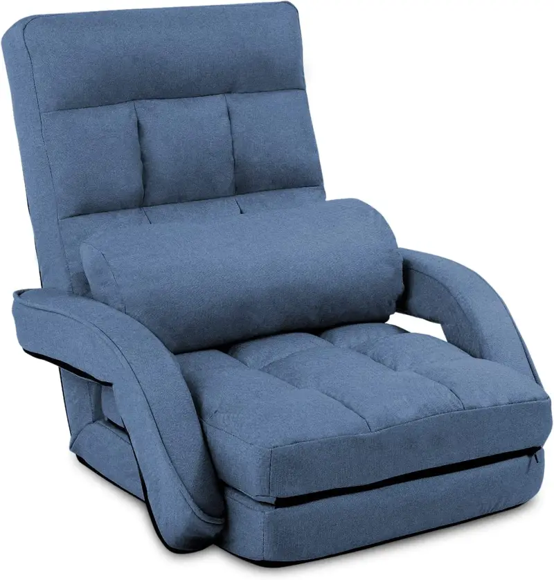 14-Position Adjustable Floor Chair, Chaise Lounge Indoor, Folding Lazy Sofa with Armrests and a Pillow Padded Adults Gaming Chairs for Living Room, Bedroom Factory Price (Blue) 8803BL