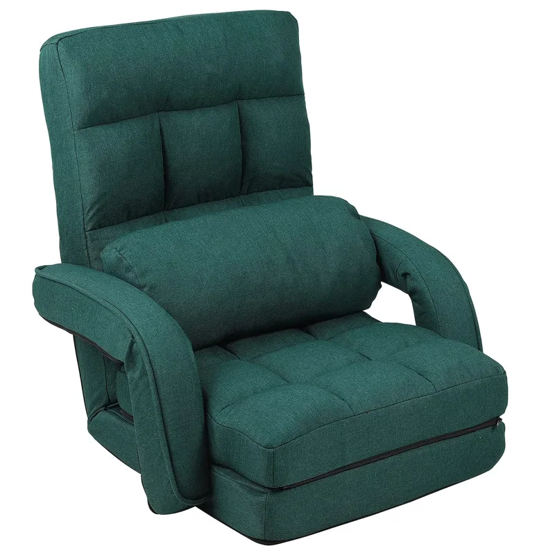 14-Position Adjustable Floor Chair, Chaise Lounge Indoor, Folding Lazy Sofa with Armrests and a Pillow Padded Adults Gaming Chairs for Living Room, Bedroom Factory Price (Green) 8803GN