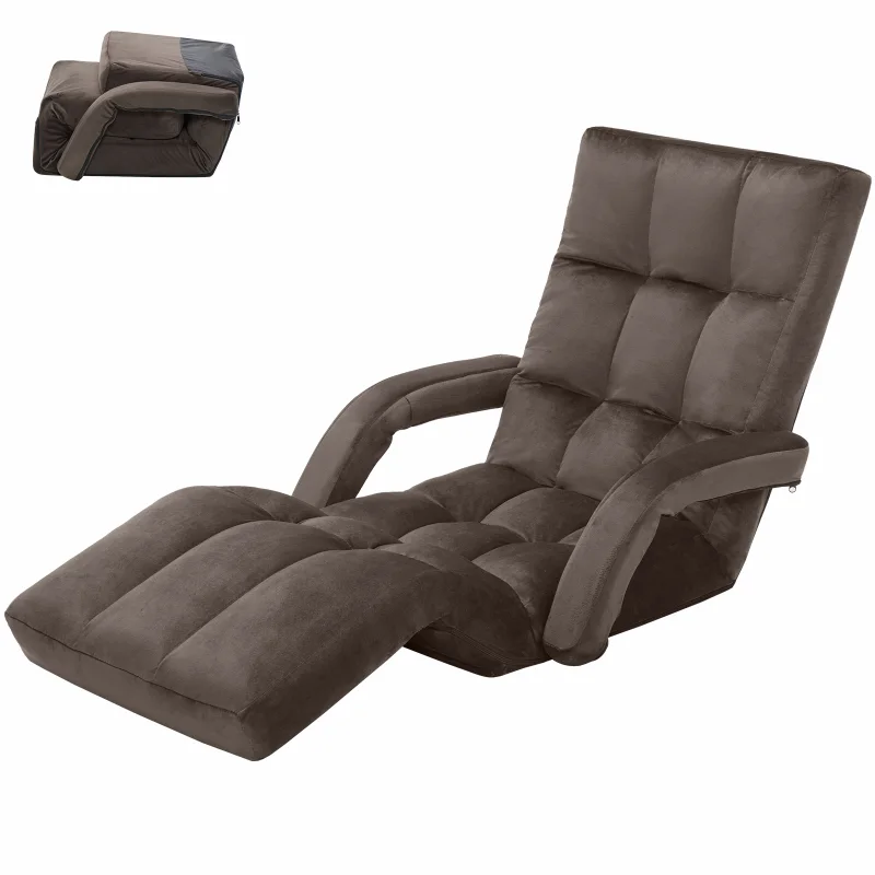 Folding Floor Chair with Back Support, Velvet Adjustable Floor Gaming Chair with 14-Positions, Indoor Floor Chaise Lounge Chairs with Armrest for Living Room, Bedroom, Balcony, Brown