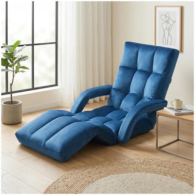 Folding Floor Chair with Back Support, Velvet Adjustable Floor Gaming Chair with 14-Positions, Indoor Floor Chaise Lounge Chairs with Armrest for Living Room, Bedroom, Balcony, Blue