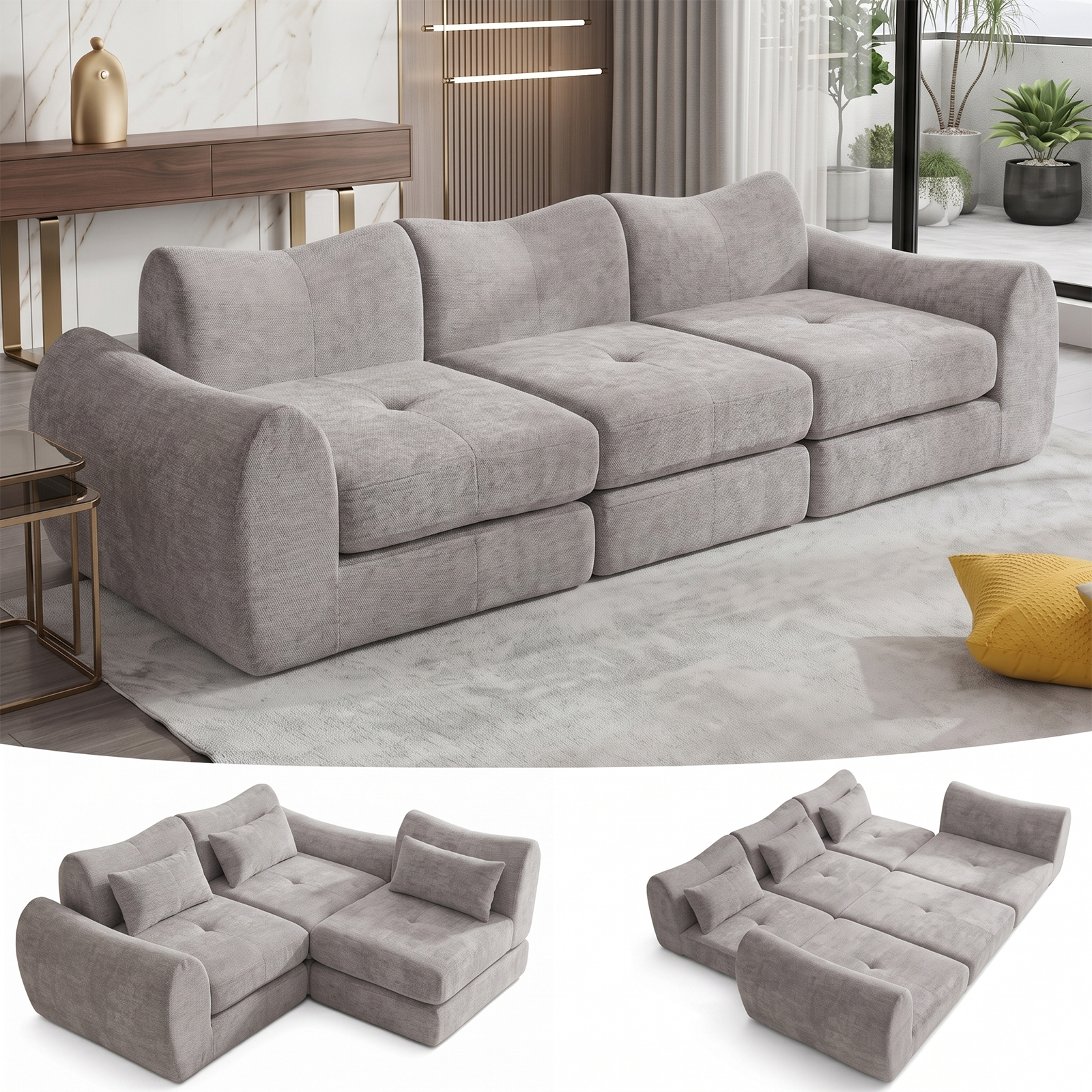 102" Modular Sectional Boneless Couch, Convertible Cloud Sofa Bed with Upholstered Deep Seat, Soft Deep Lounger for Living Room Playroom (Grey)
