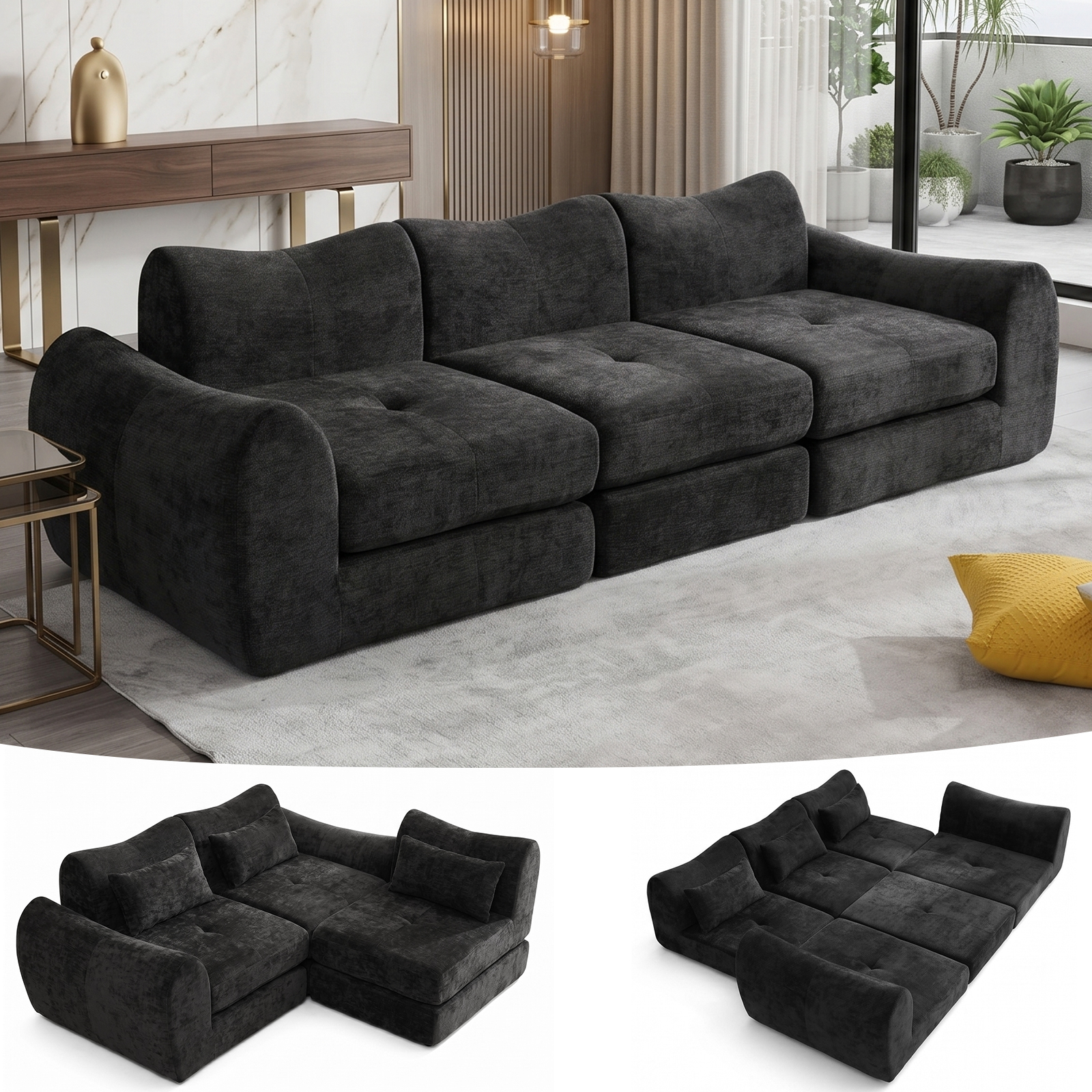 102" Modular Sectional Boneless Couch, Convertible Cloud Sofa Bed with Upholstered Deep Seat, Soft Deep Lounger for Living Room Playroom (Black)