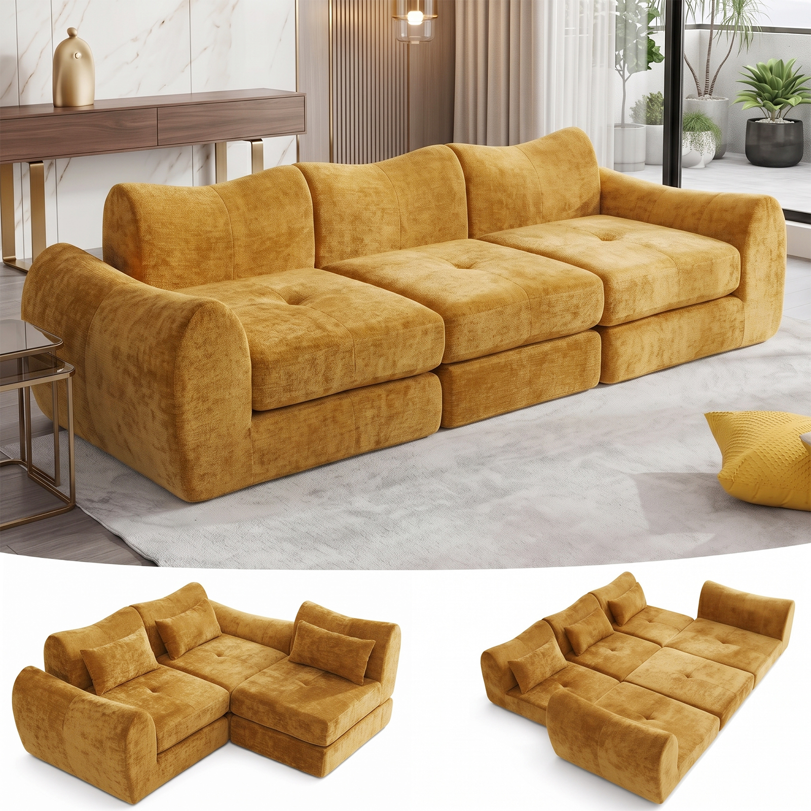102" Modular Sectional Boneless Couch, Convertible Cloud Sofa Bed with Upholstered Deep Seat, Soft Deep Lounger for Living Room Playroom (Yellow)