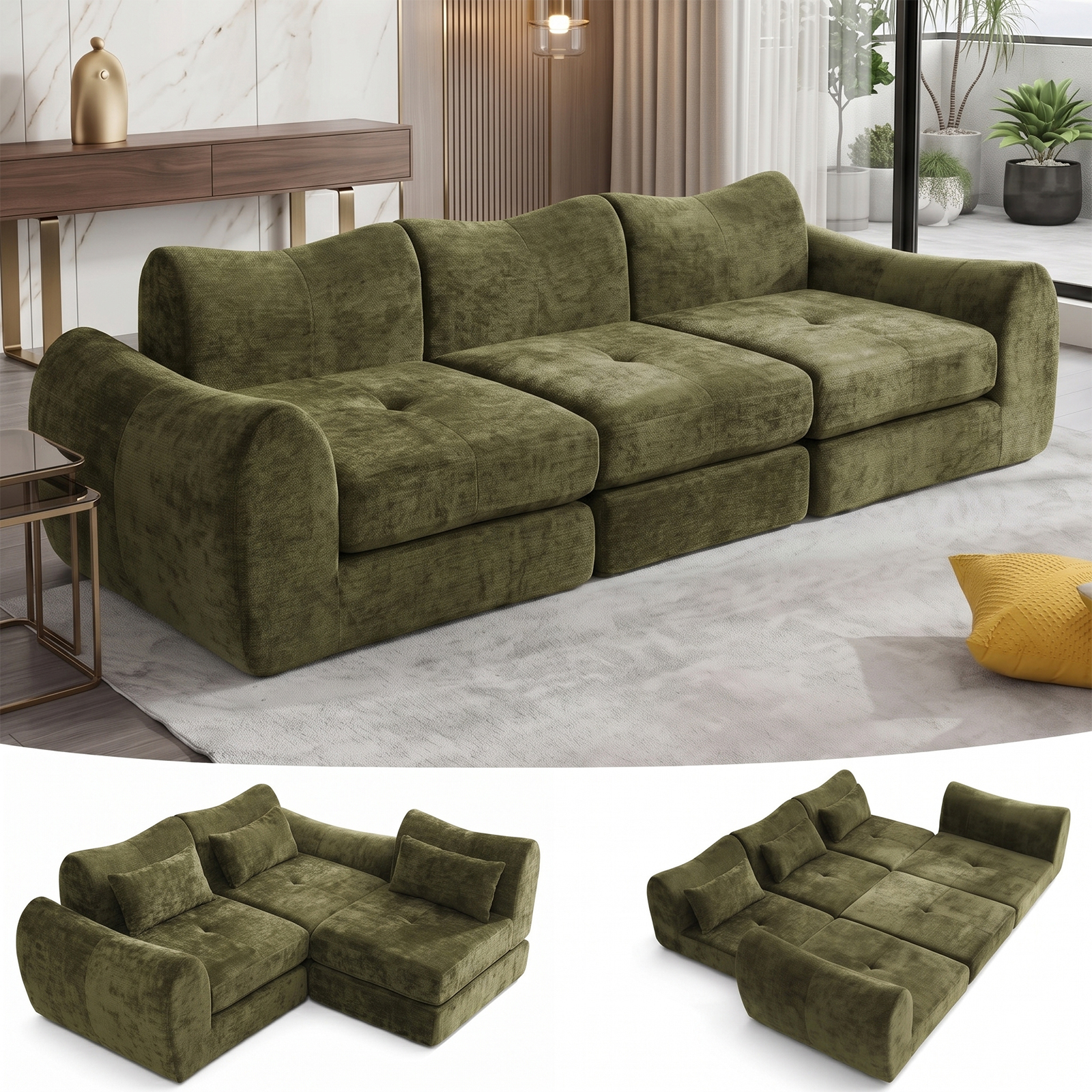 102" Modular Sectional Boneless Couch, Convertible Cloud Sofa Bed with Upholstered Deep Seat, Soft Deep Lounger for Living Room Playroom (Green)