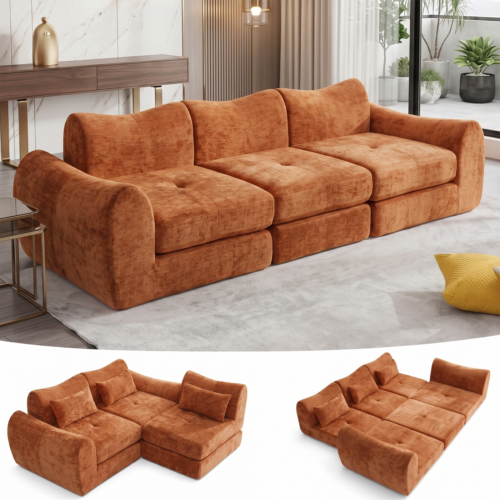 102" Modular Sectional Boneless Couch, Convertible Cloud Sofa Bed with Upholstered Deep Seat, Soft Deep Lounger for Living Room Playroom (Orange)
