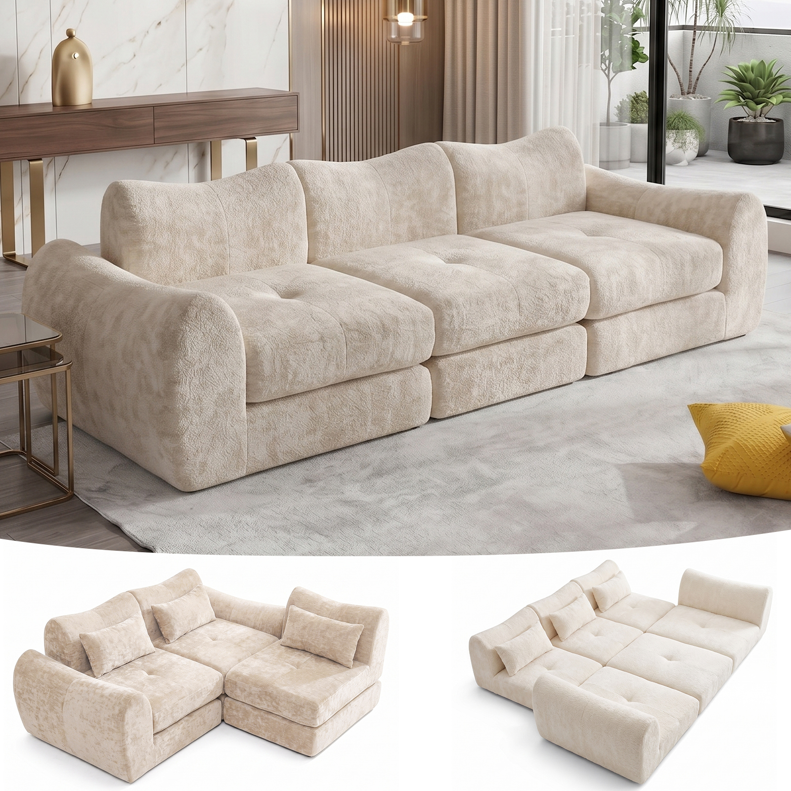102" Modular Sectional Boneless Couch, Convertible Cloud Sofa Bed with Upholstered Deep Seat, Soft Deep Lounger for Living Room Playroom (Beige)