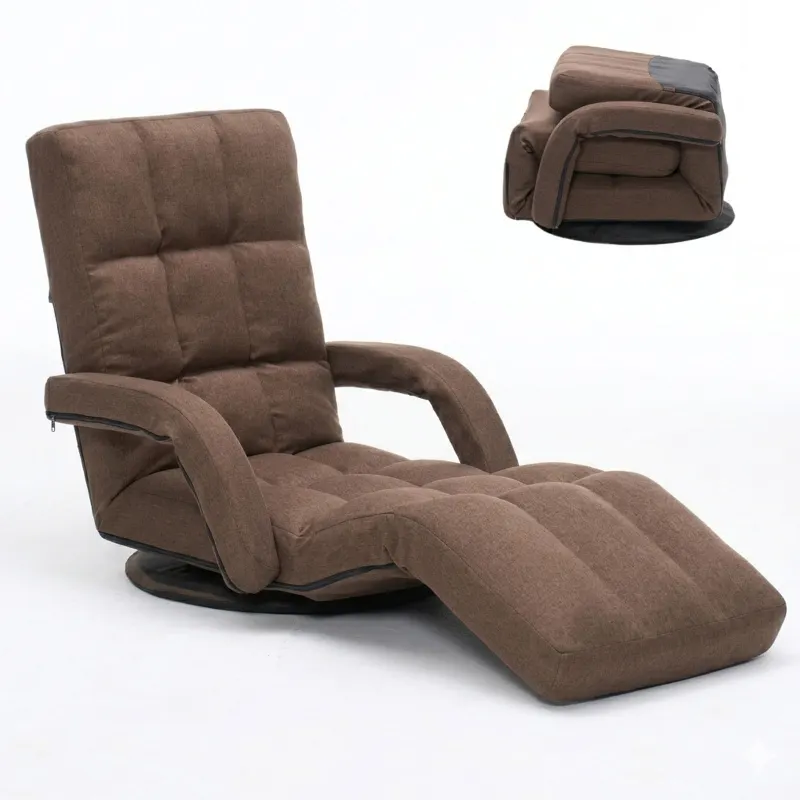 360° Swivel Floor Gaming Chair with Adjustable Footrest, 14-Position Folding Floor Lounger Sofa with Armrests, Reclining Floor Chair for Adults, Reading, Gaming & Relaxing (Brown)