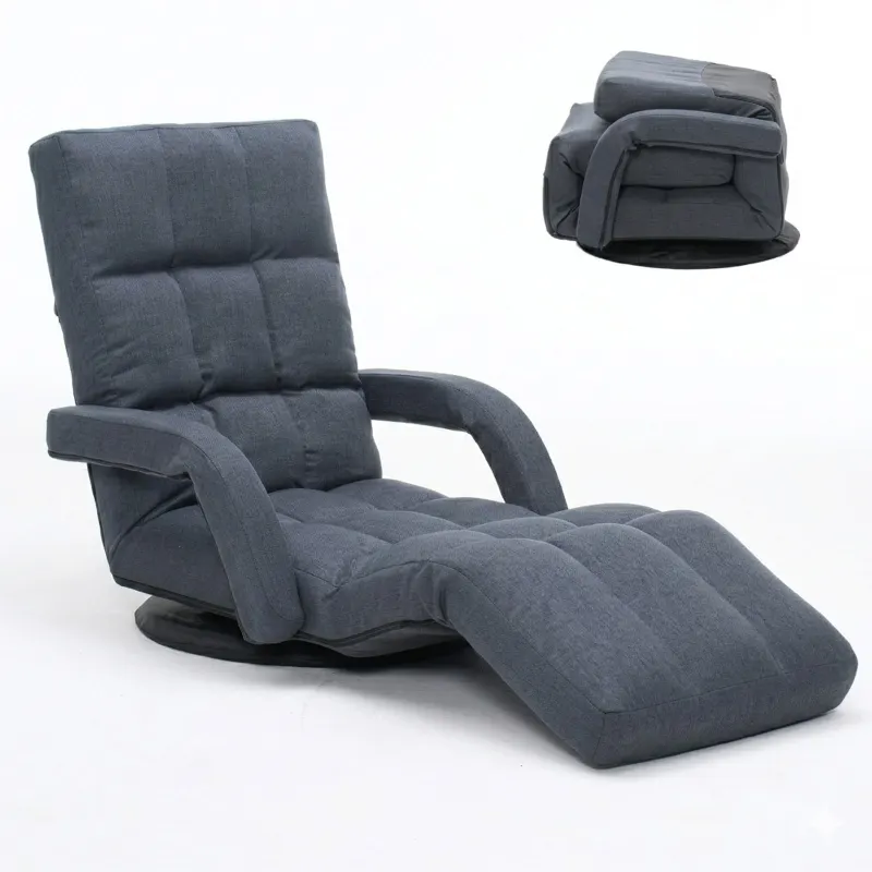 360° Swivel Floor Gaming Chair with Adjustable Footrest, 14-Position Folding Floor Lounger Sofa with Armrests, Reclining Floor Chair for Adults, Reading, Gaming & Relaxing (Grey)