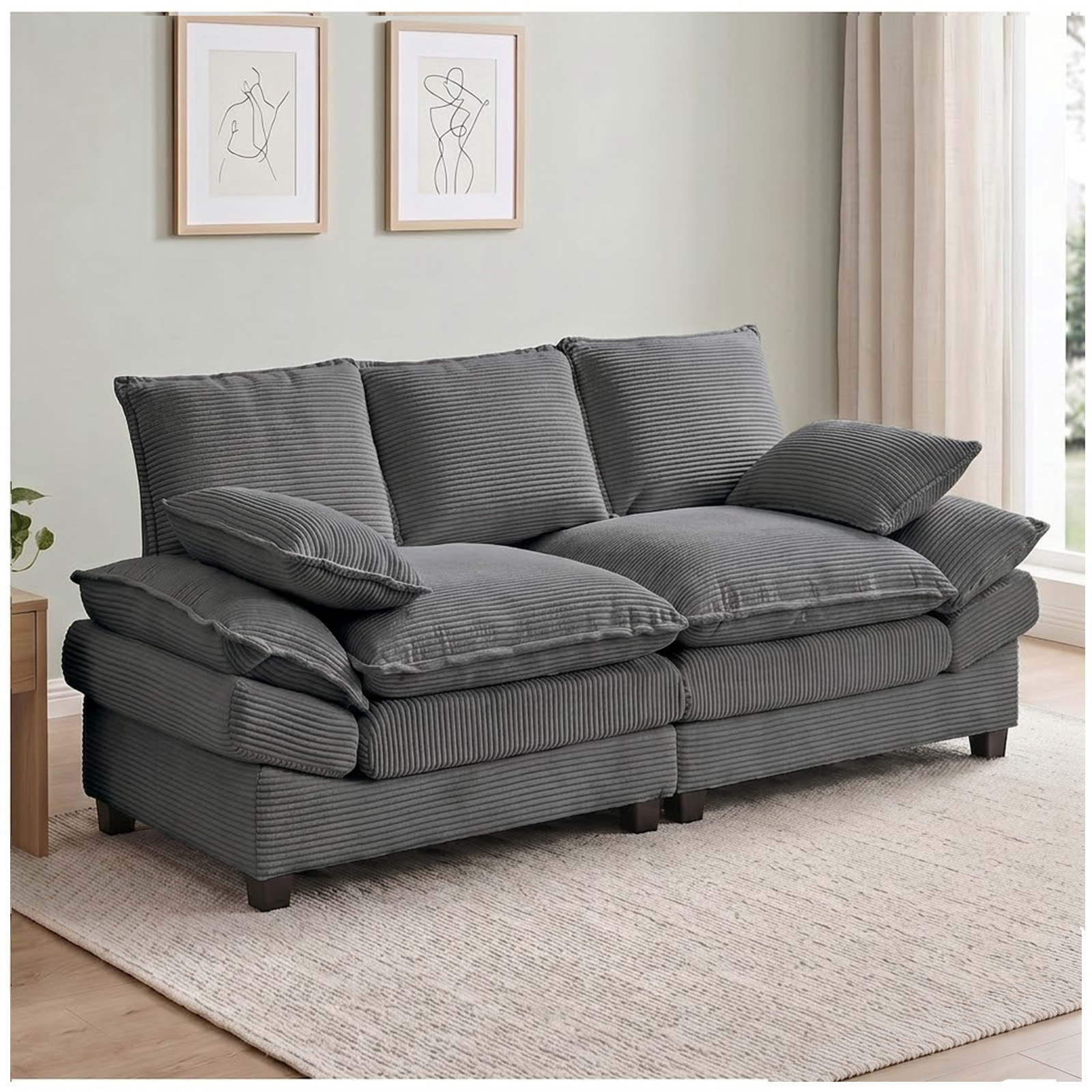 83" Modular Loveseat Sofa, Deep Seat Corduroy Cloud Couch, Comfy 2 Seater Sectional Sofa with Throw Pillows, Modern Upholstered Love Seat Couch for Living Room, Bedroom, Apartment, Grey