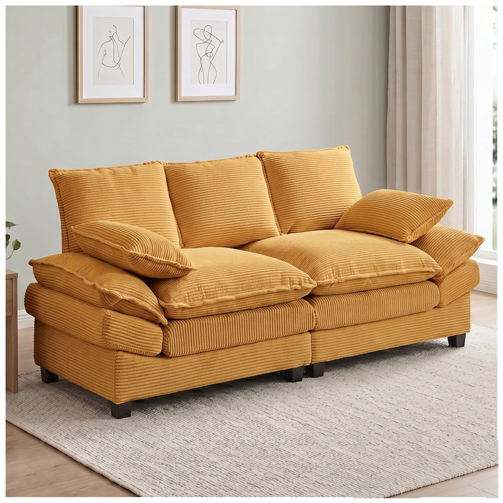 83" Modular Loveseat Sofa, Deep Seat Corduroy Cloud Couch, Comfy 2 Seater Sectional Sofa with Throw Pillows, Modern Upholstered Love Seat Couch for Living Room, Bedroom, Apartment, Yellow
