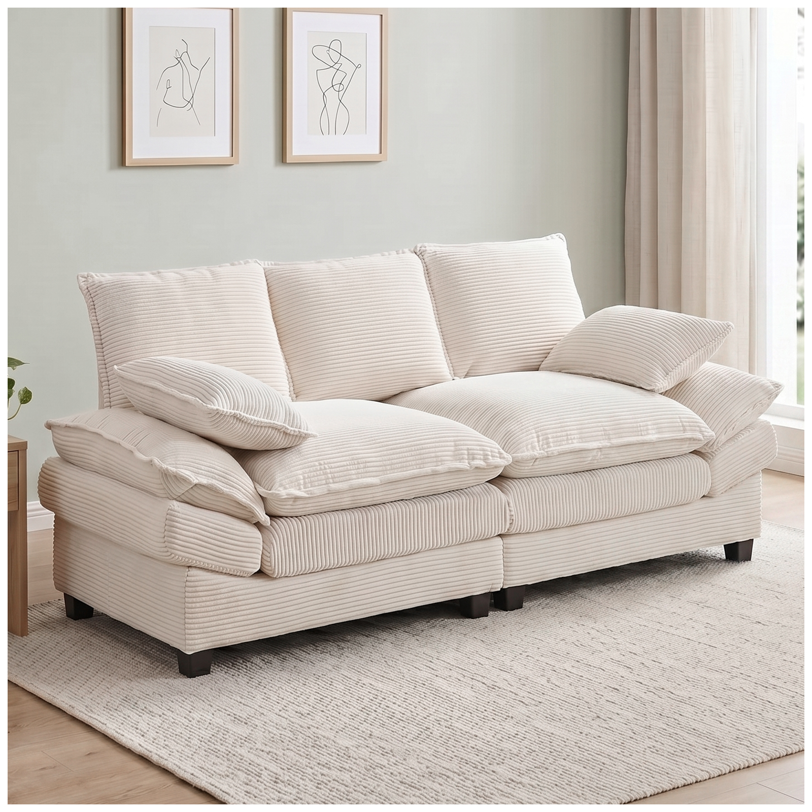83" Modular Loveseat Sofa, Deep Seat Corduroy Cloud Couch, Comfy 2 Seater Sectional Sofa with Throw Pillows, Modern Upholstered Love Seat Couch for Living Room, Bedroom, Apartment, Beige