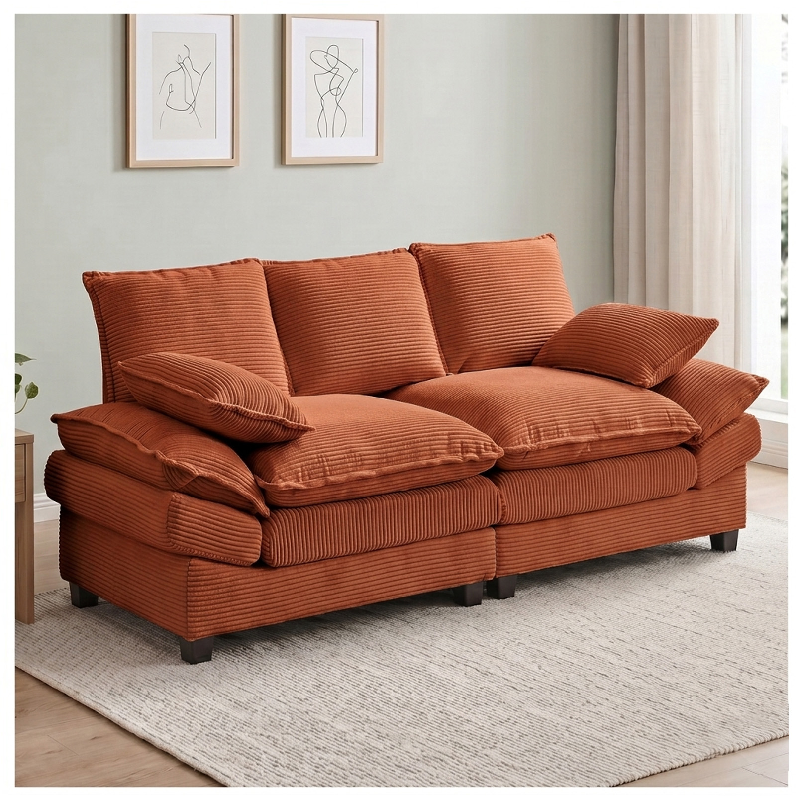 83" Modular Loveseat Sofa, Deep Seat Corduroy Cloud Couch, Comfy 2 Seater Sectional Sofa with Throw Pillows, Modern Upholstered Love Seat Couch for Living Room, Bedroom, Apartment, Orange